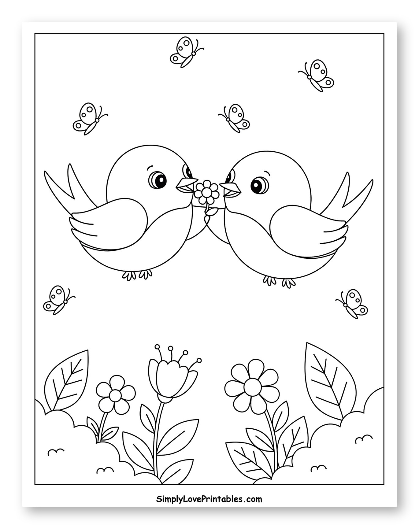 Sweet Birds with a Flower and Flying Butterflies Coloring Page for Kids