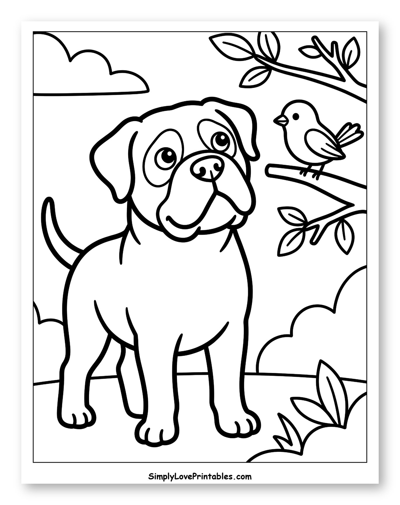 Sweet Bullmastiff Puppy Looks at Bird Coloring Sheet for Toddlers