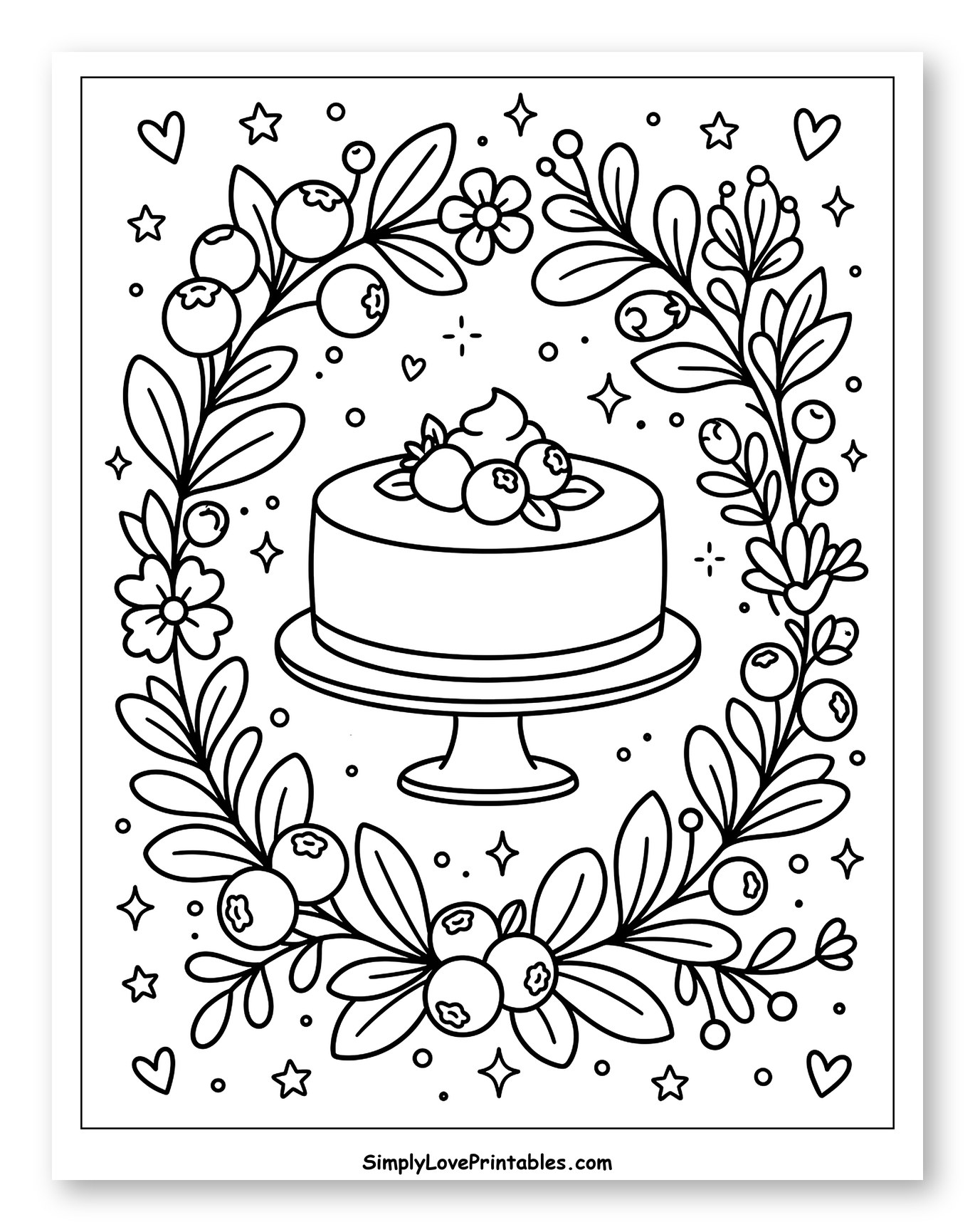 Sweet Cake with Blueberry and Leaf Frame to Color for Adults