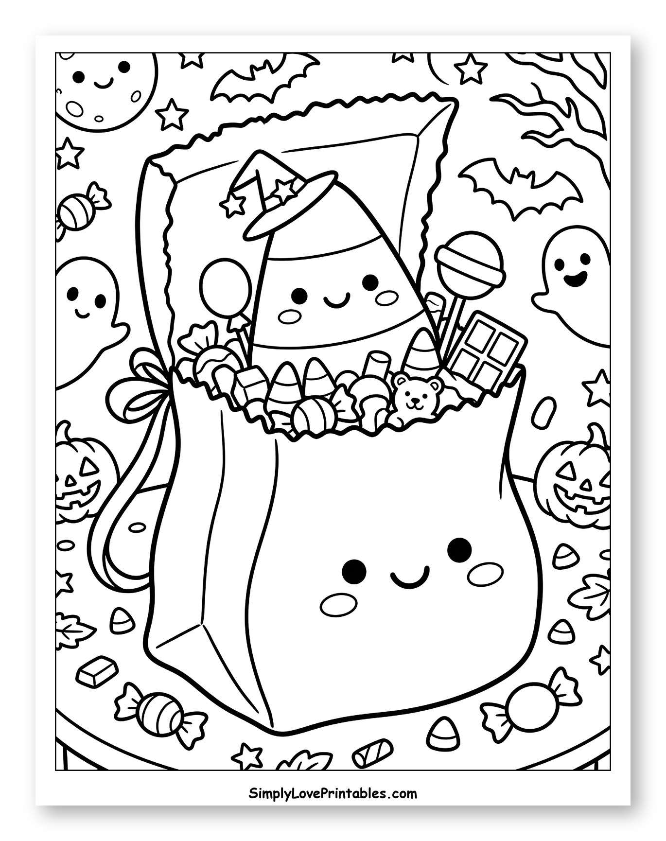 Sweet Candy Corn in a Trick-or-Treat Bag to Color for Kids