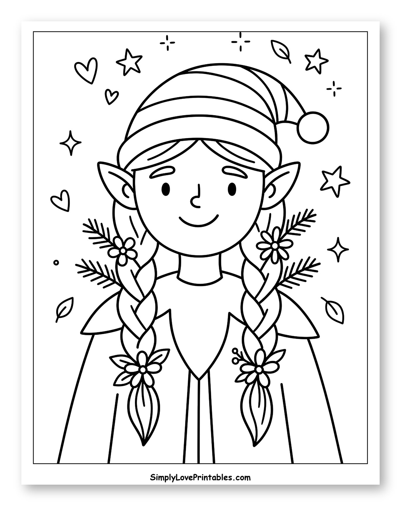 Sweet Christmas Elf with Flower Braids to Color for Adults