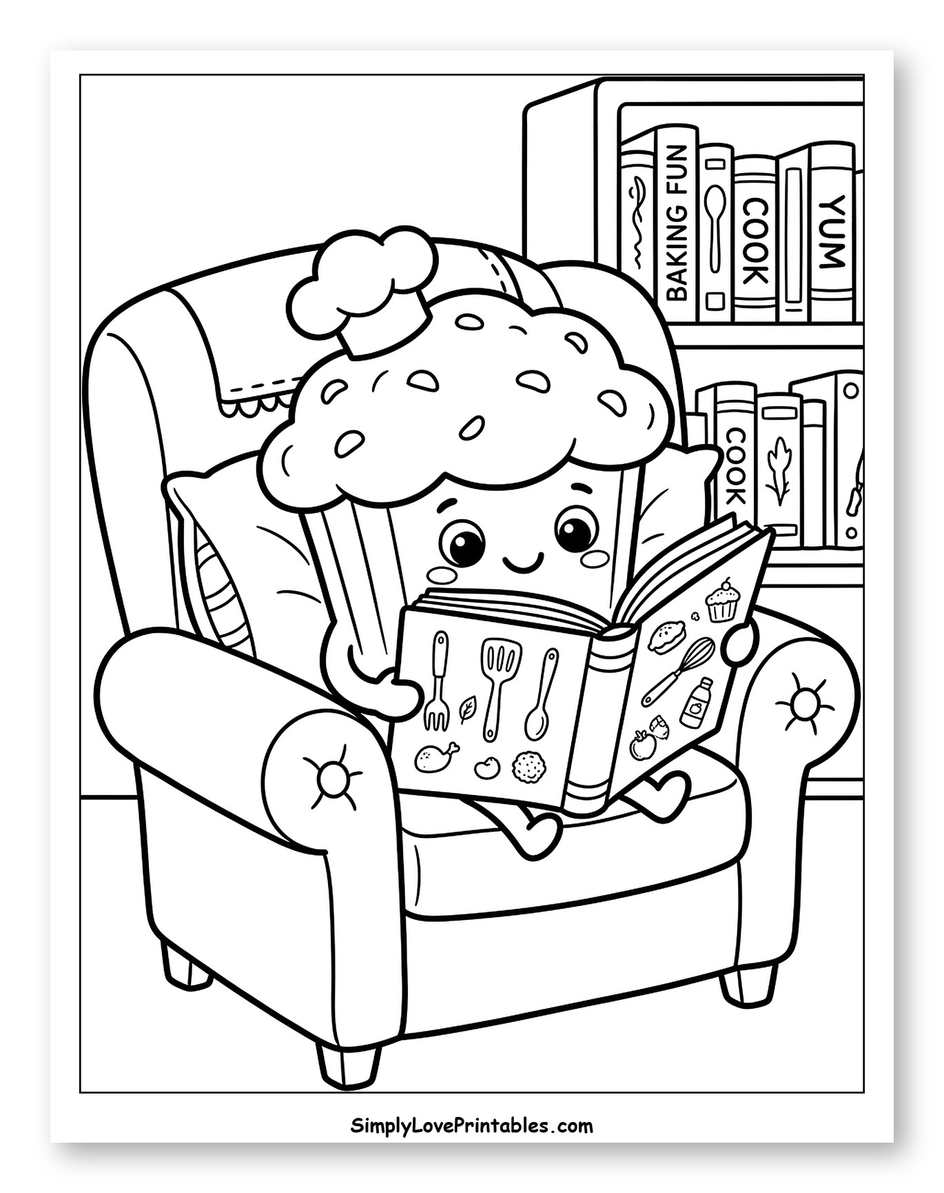 Sweet Cupcake Chef Reading Cookbook to Color for Kids