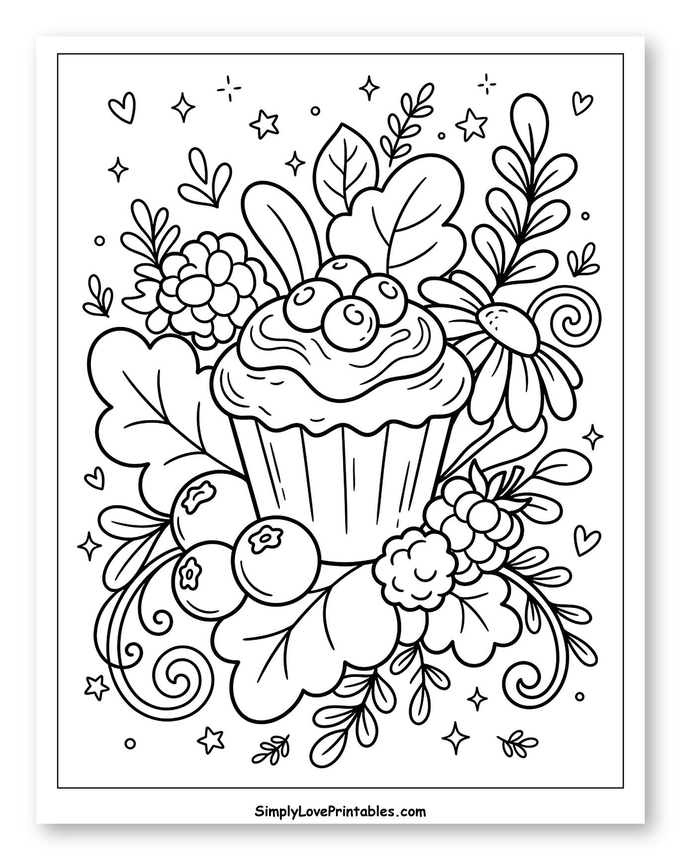 Sweet Cupcake Surrounded by Wild Berries and Flowers to Color for Adults