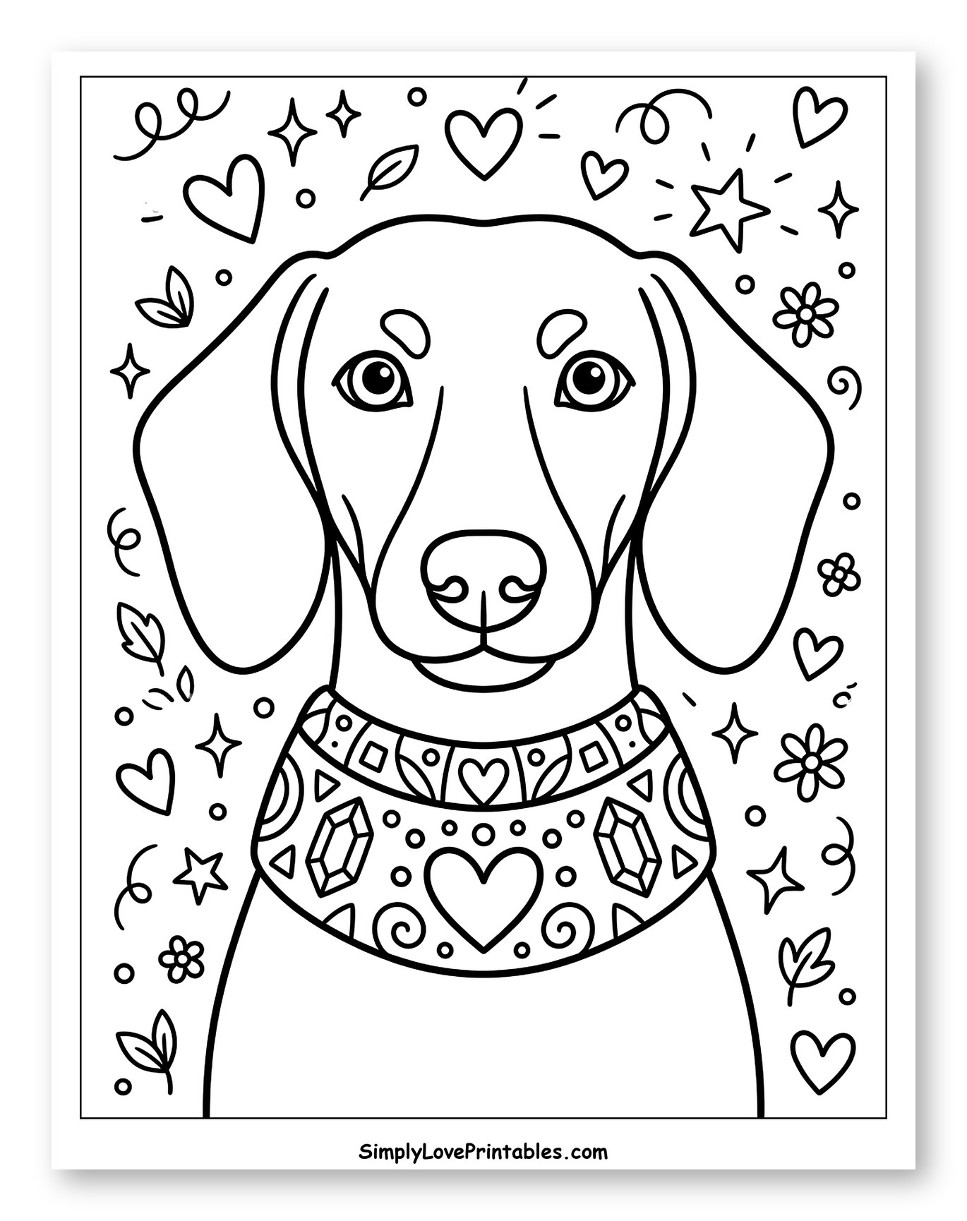 Sweet Dachshund in a Gemstone and Heart Collar to Color for Adults