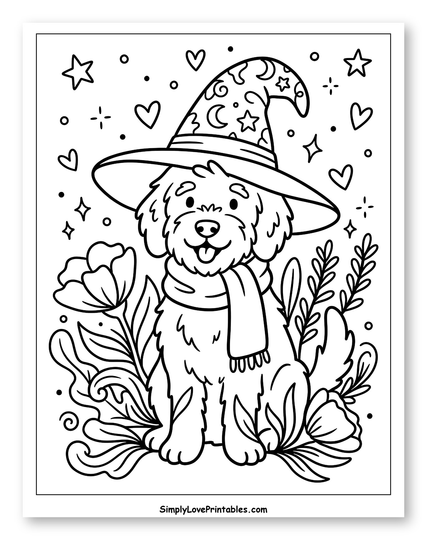 Sweet Dog in Magic Hat Surrounded by Flowers