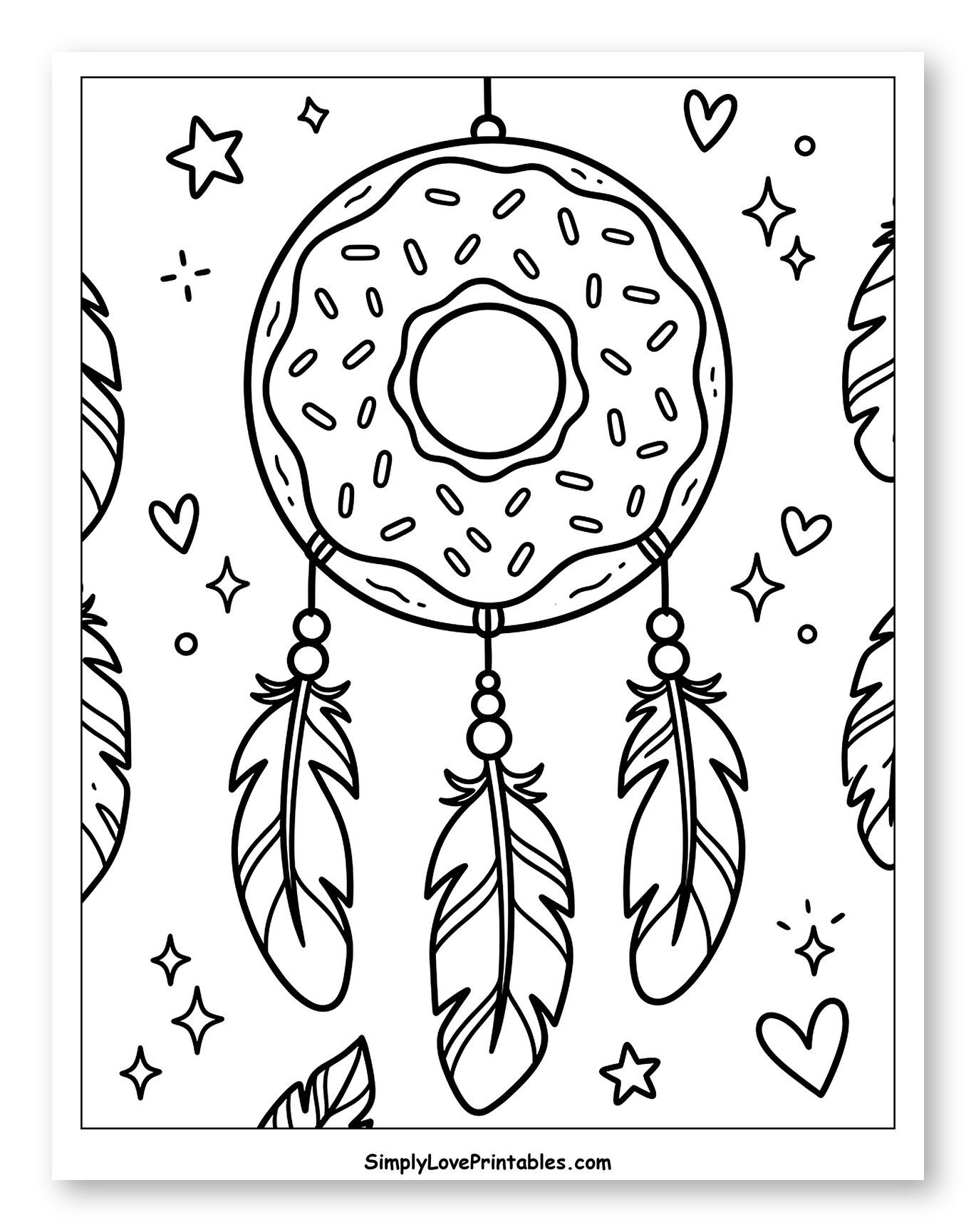 Sweet Donut Dream Catcher with Floating Hearts to Color for Adults