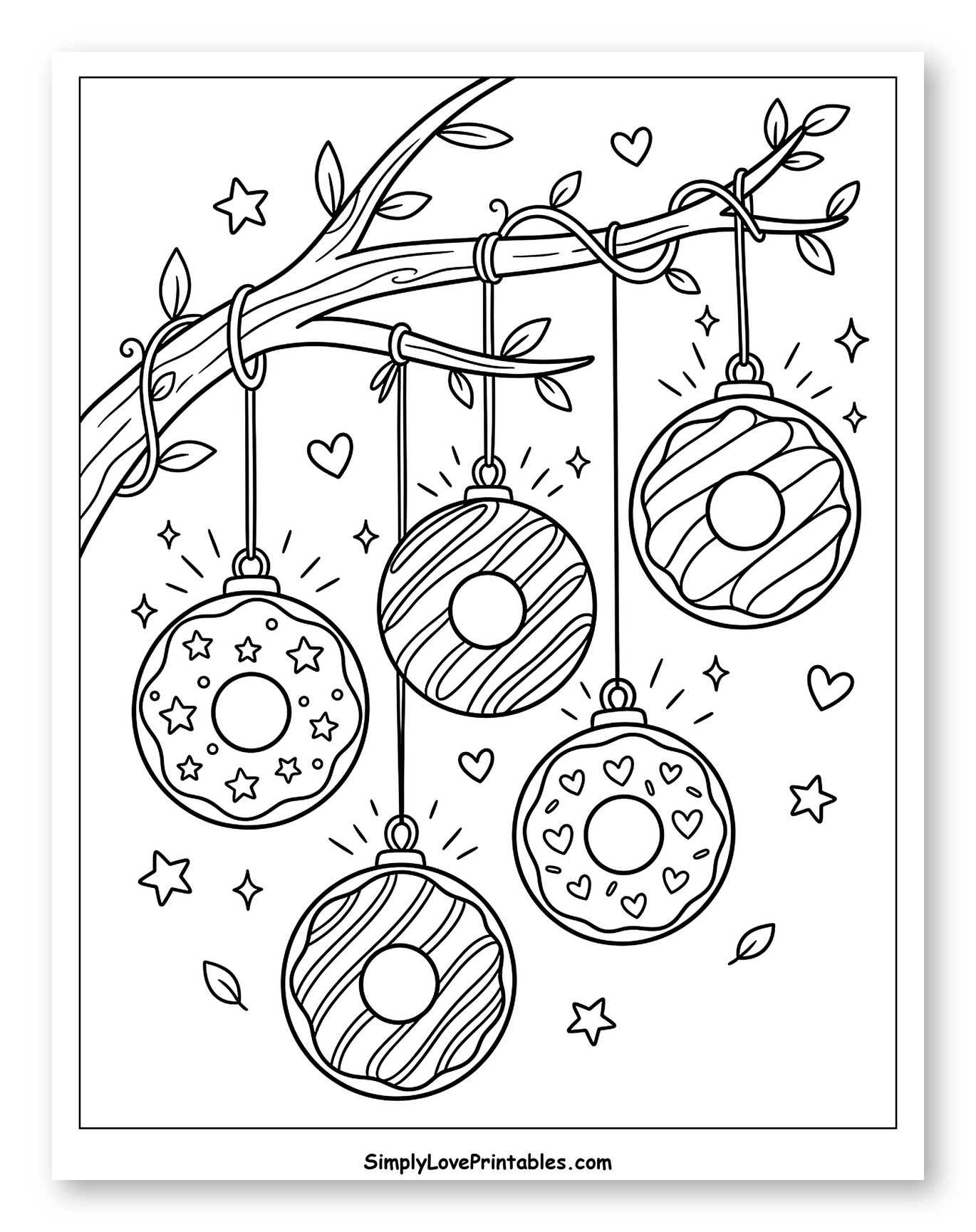 Sweet Donut Ornaments on a Branch to Color for Adults