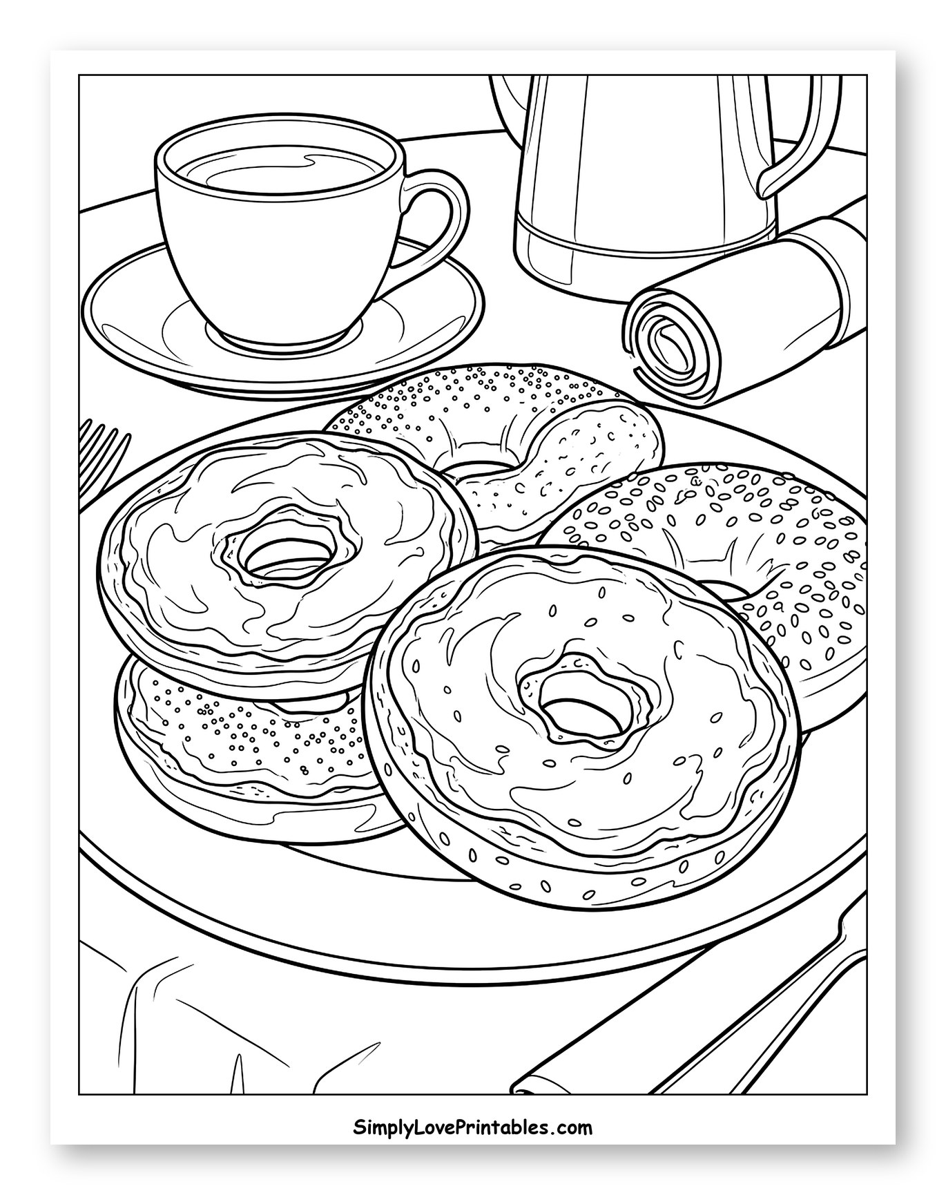 Sweet Donuts and Warm Coffee Breakfast Coloring Page