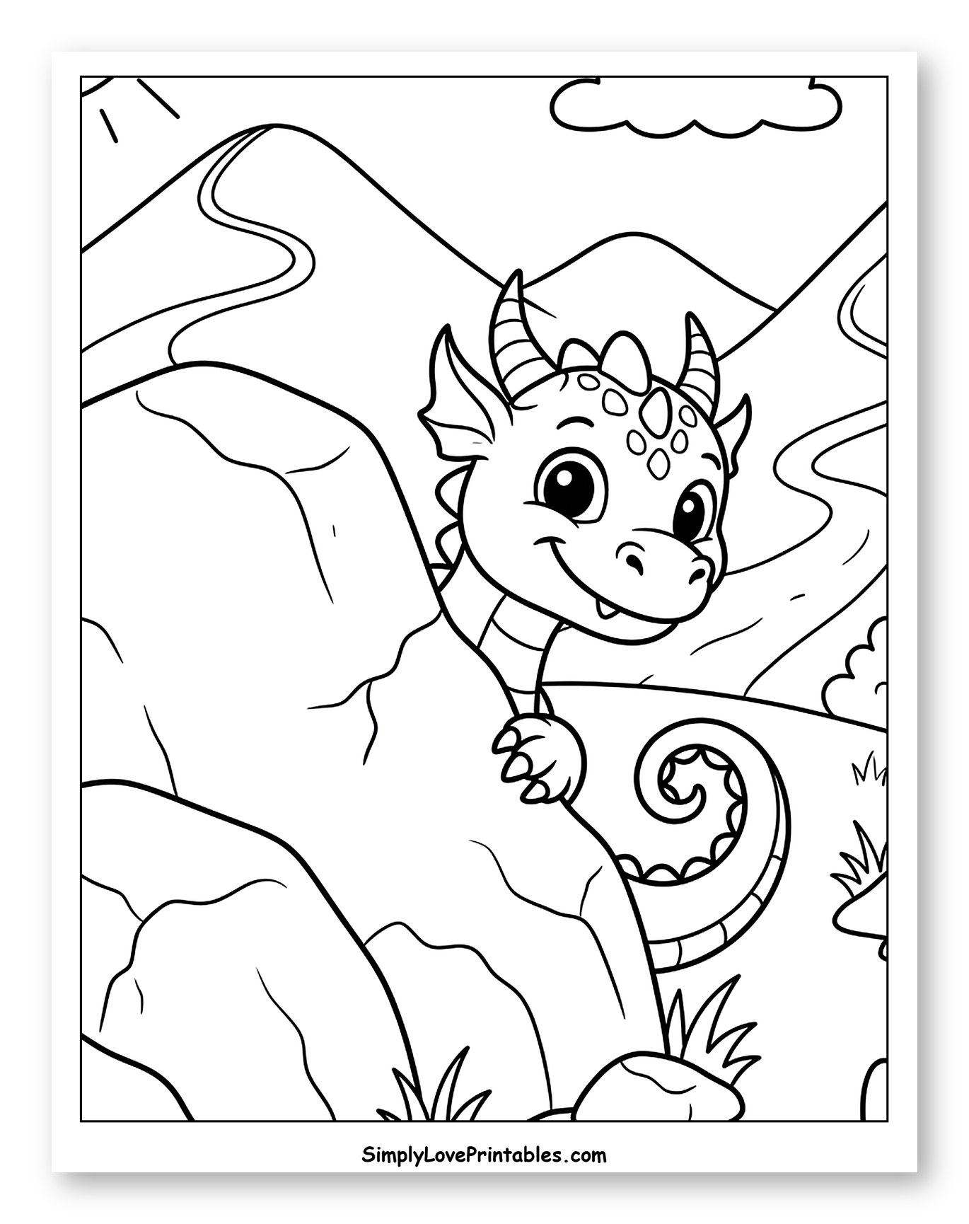 Sweet Dragon Among Rocks and Mountains to Color for Kids