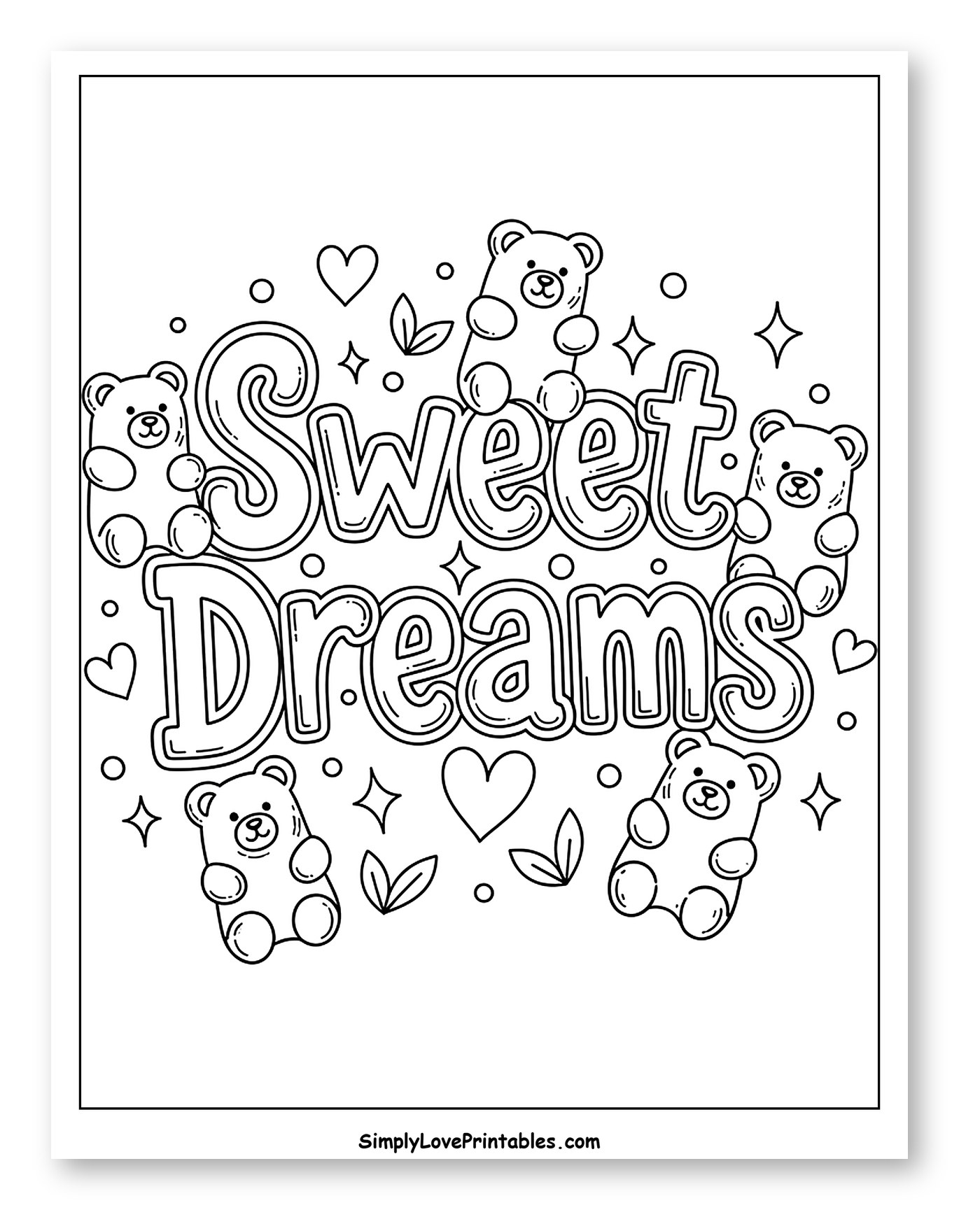 Sweet Dreams Message with Gummy Bears Coloring Page for Adults