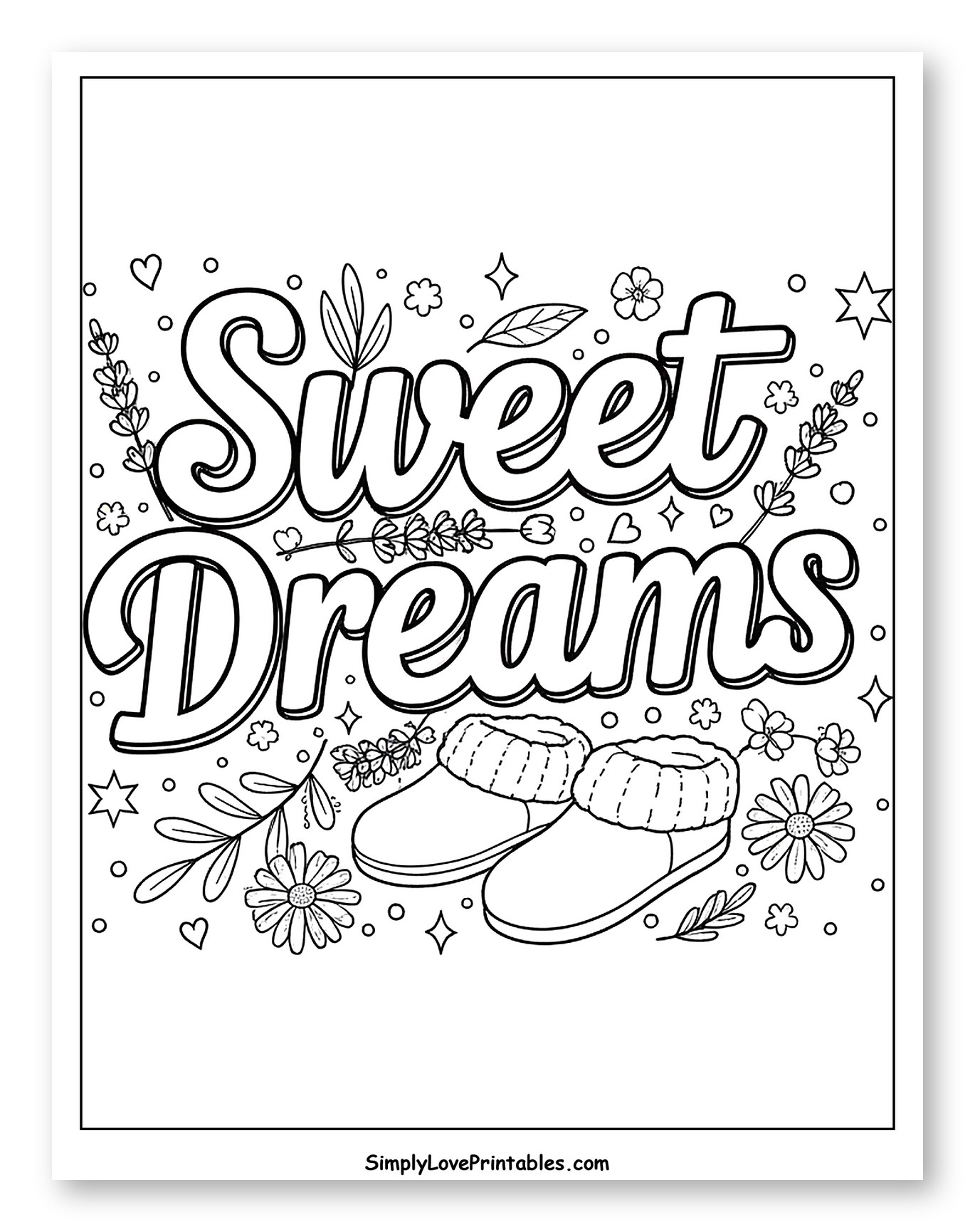 Sweet Dreams with Slippers and Flowers Coloring Page for Adults