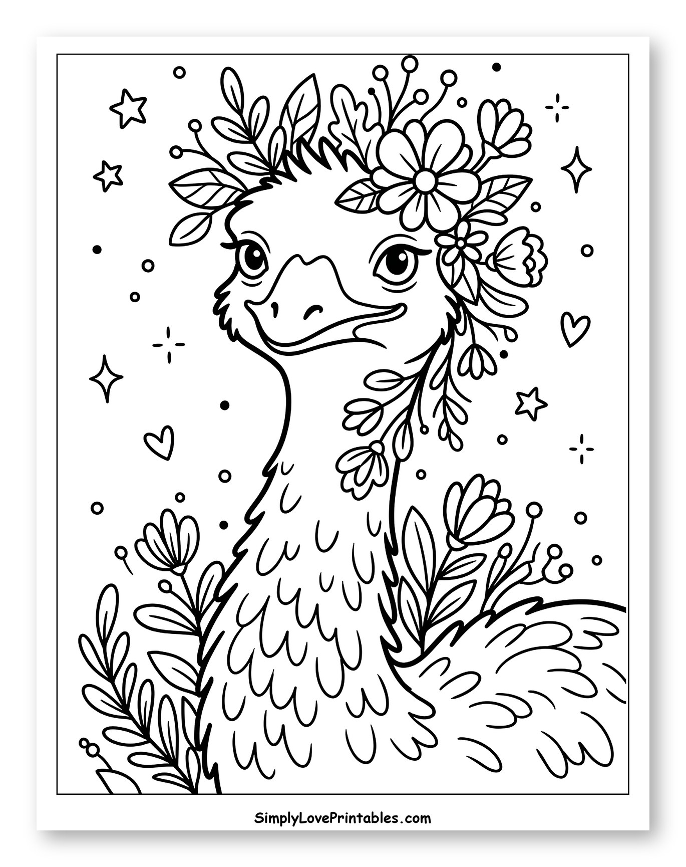 Sweet Emu Wearing a Flower Crown Coloring Sheet for Adults