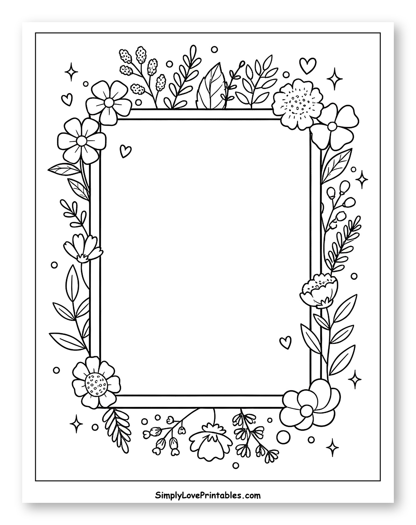 Sweet Floral Rectangle Frame with Ornaments Coloring Sheet for Adults
