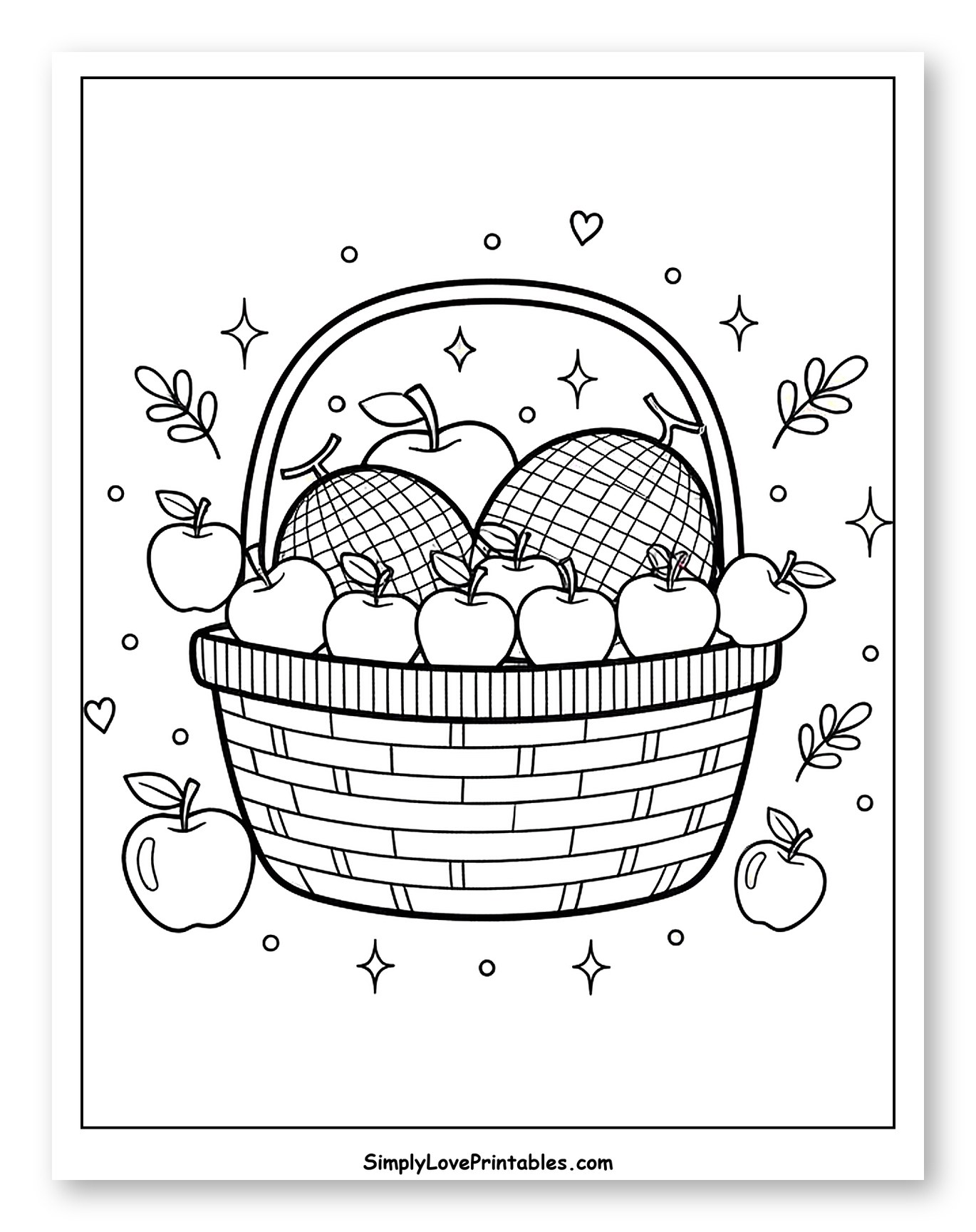 Sweet Fruit Basket with Melons and Apples Coloring Sheet for Adults