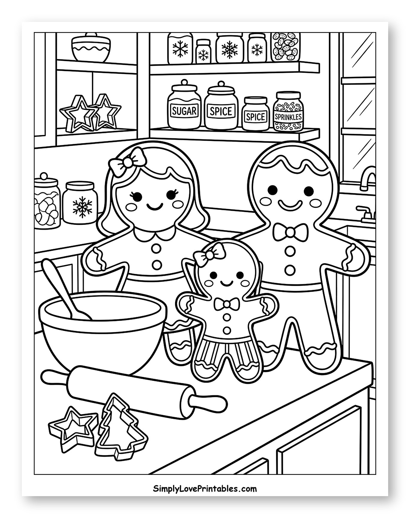 Sweet Gingerbread Family Baking in the Kitchen to Color for Kids