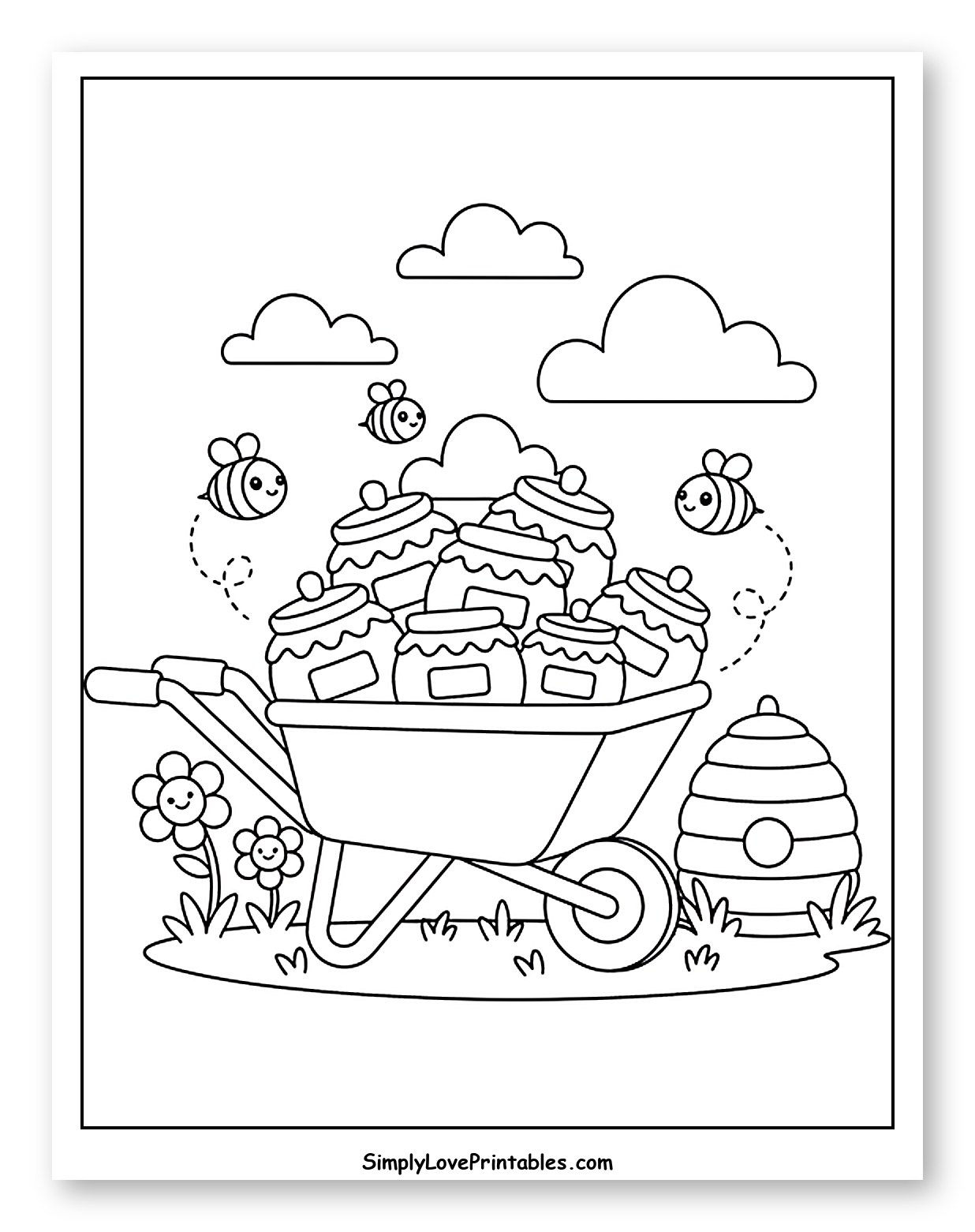 Sweet Honey Harvest with Bees and Wheelbarrow Coloring Page for Kids