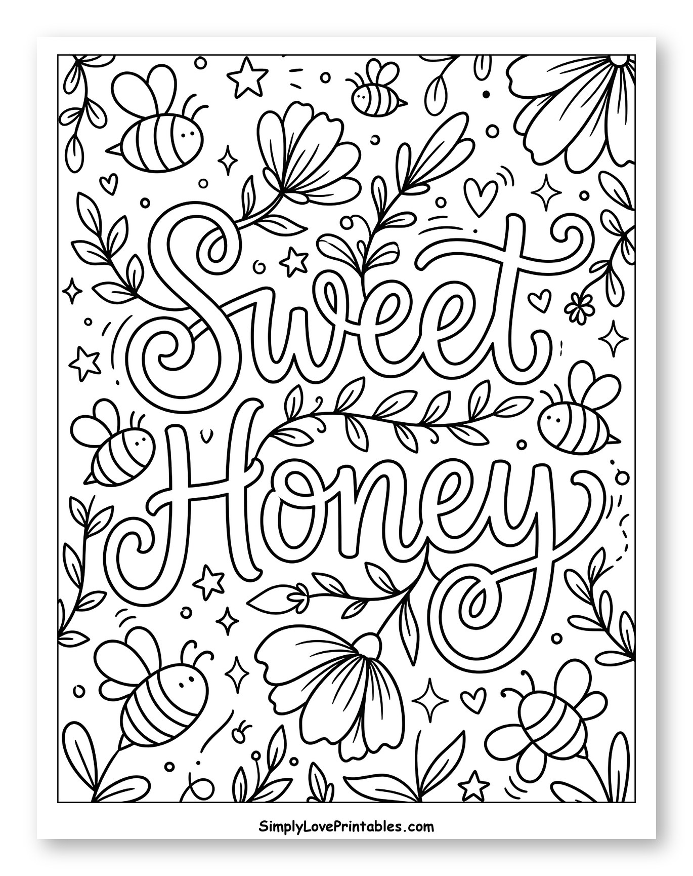 Sweet Honey Lettering with Bees and Flowers Coloring Sheet for Adults