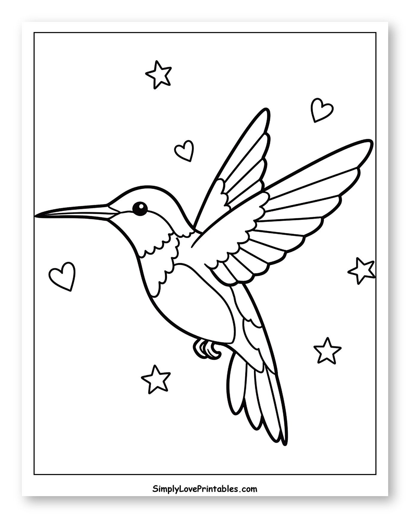 Sweet Hummingbird Among Stars and Hearts to Color for Adults