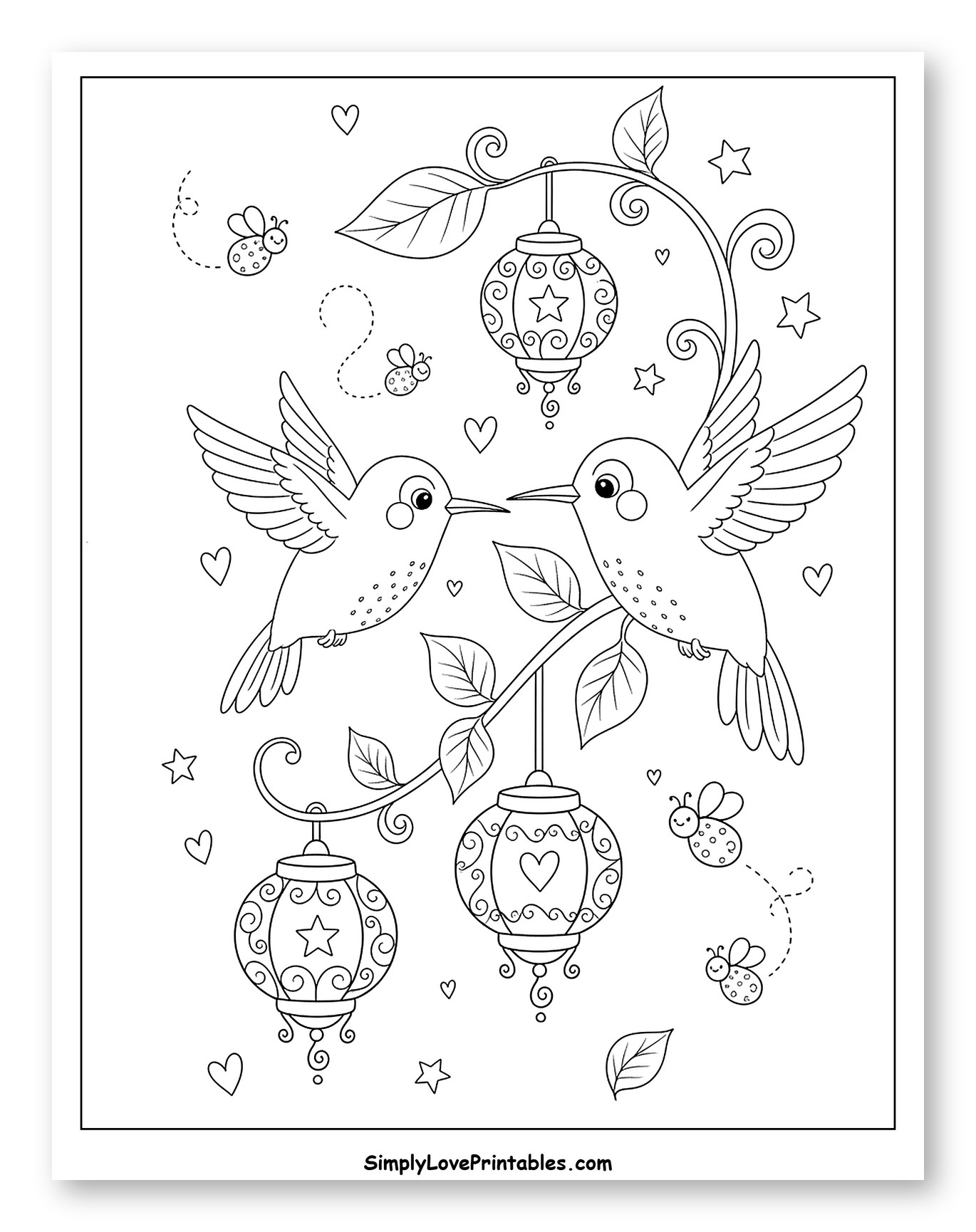 Sweet Hummingbirds with Lanterns and Bees Coloring Sheet for Adults