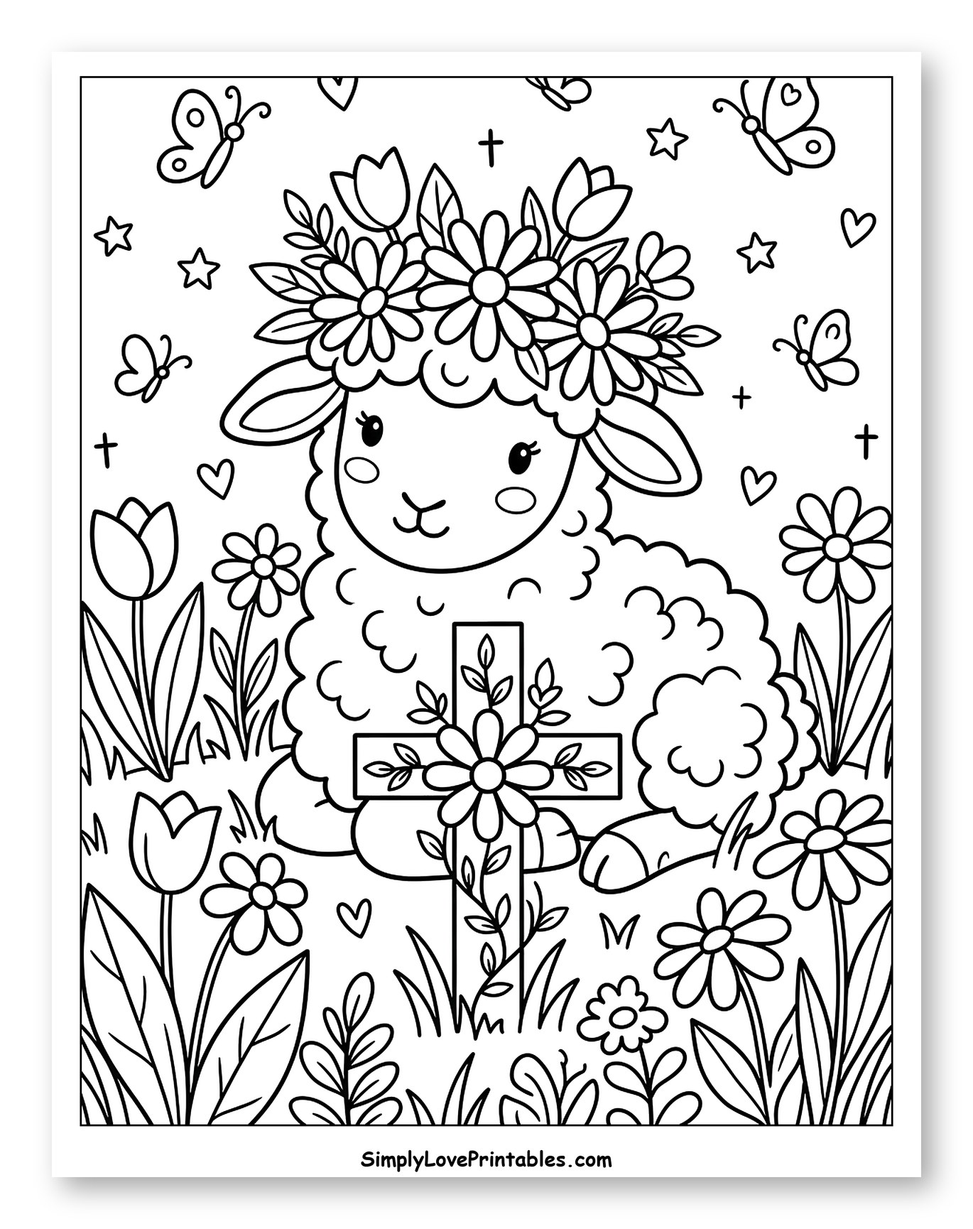 Sweet Lamb with Floral Crown and Cross Coloring Page for Adults