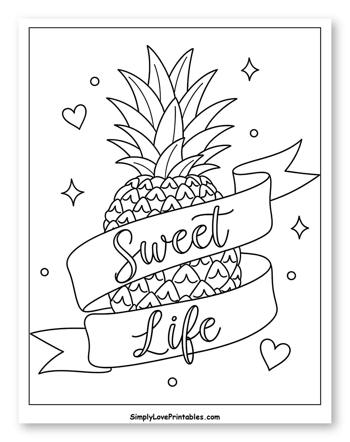 Sweet Life Pineapple with Hearts and Stars Coloring Sheet for Adults