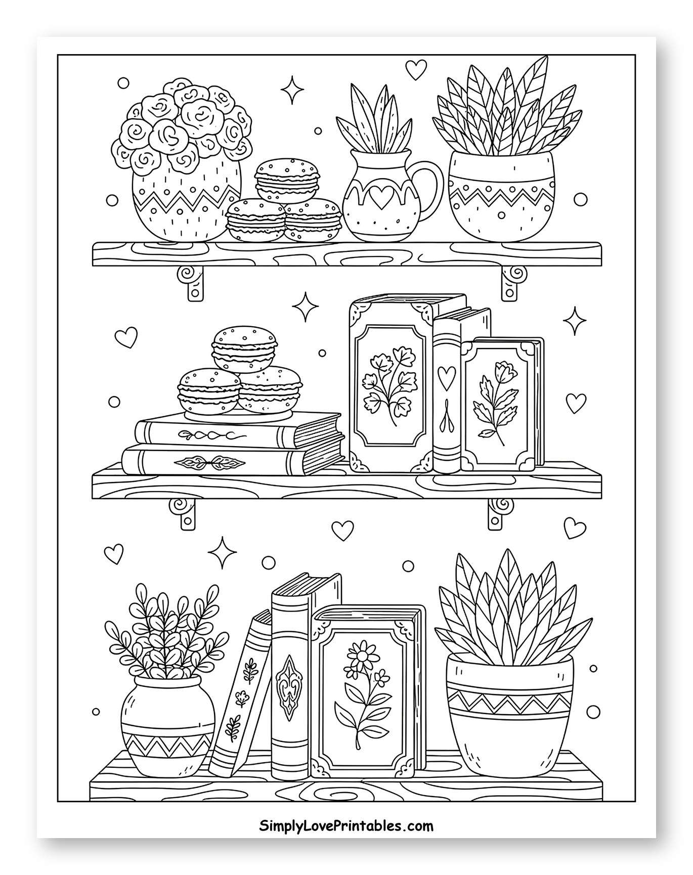 Sweet Macarons and Potted Plants on Shelves Coloring Sheet for Adults
