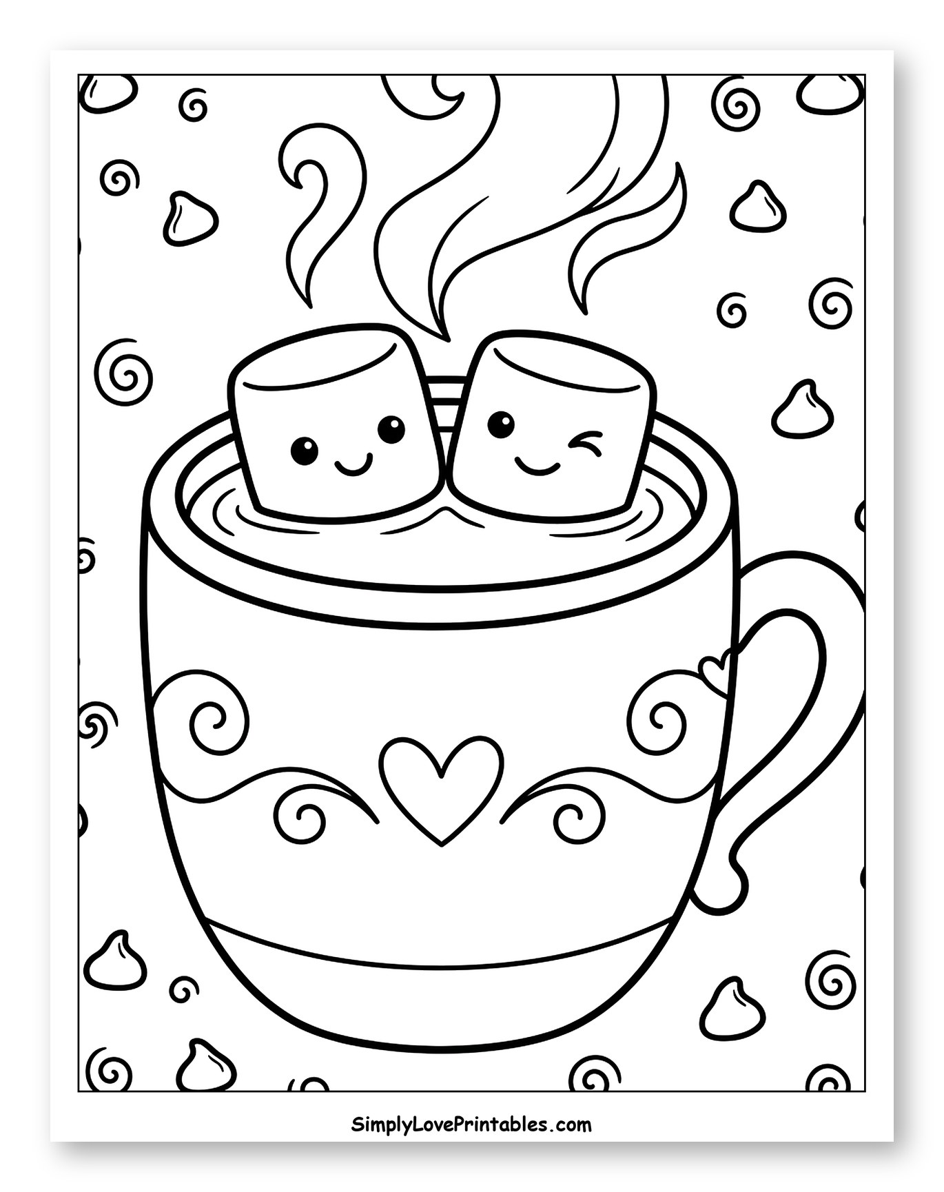 Sweet Marshmallow Couple in Hot Chocolate Coloring Page for Kids