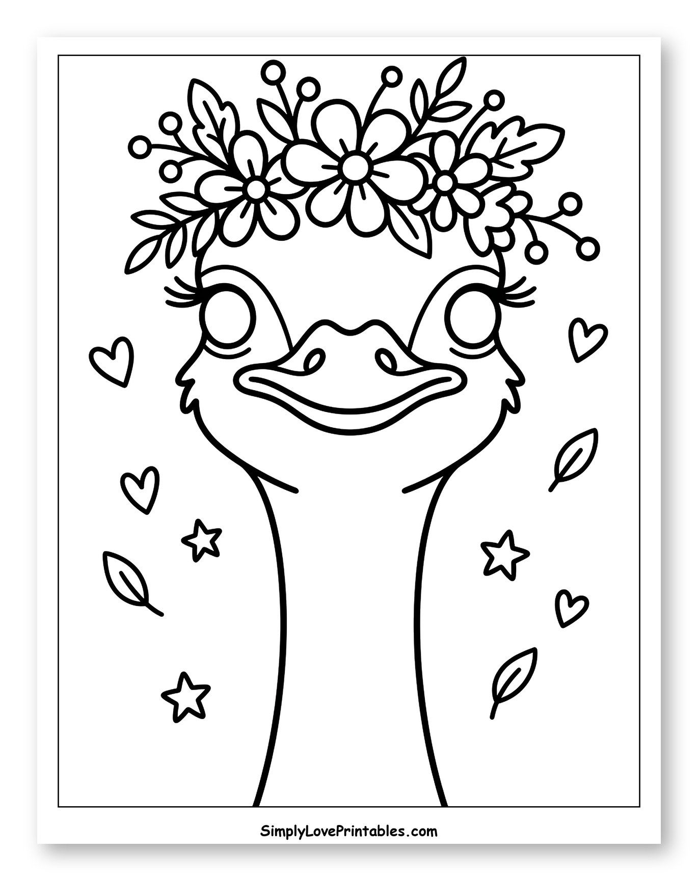 Sweet Ostrich with Floral Crown and Hearts to Color for Adults