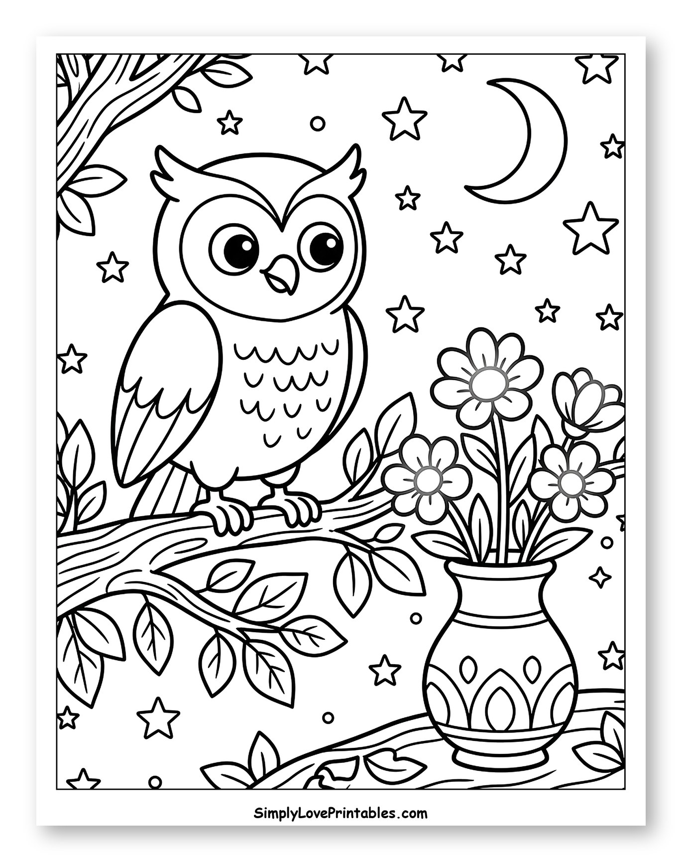 Sweet Owl on a Branch with Moon and Vase Coloring Sheet for Kids