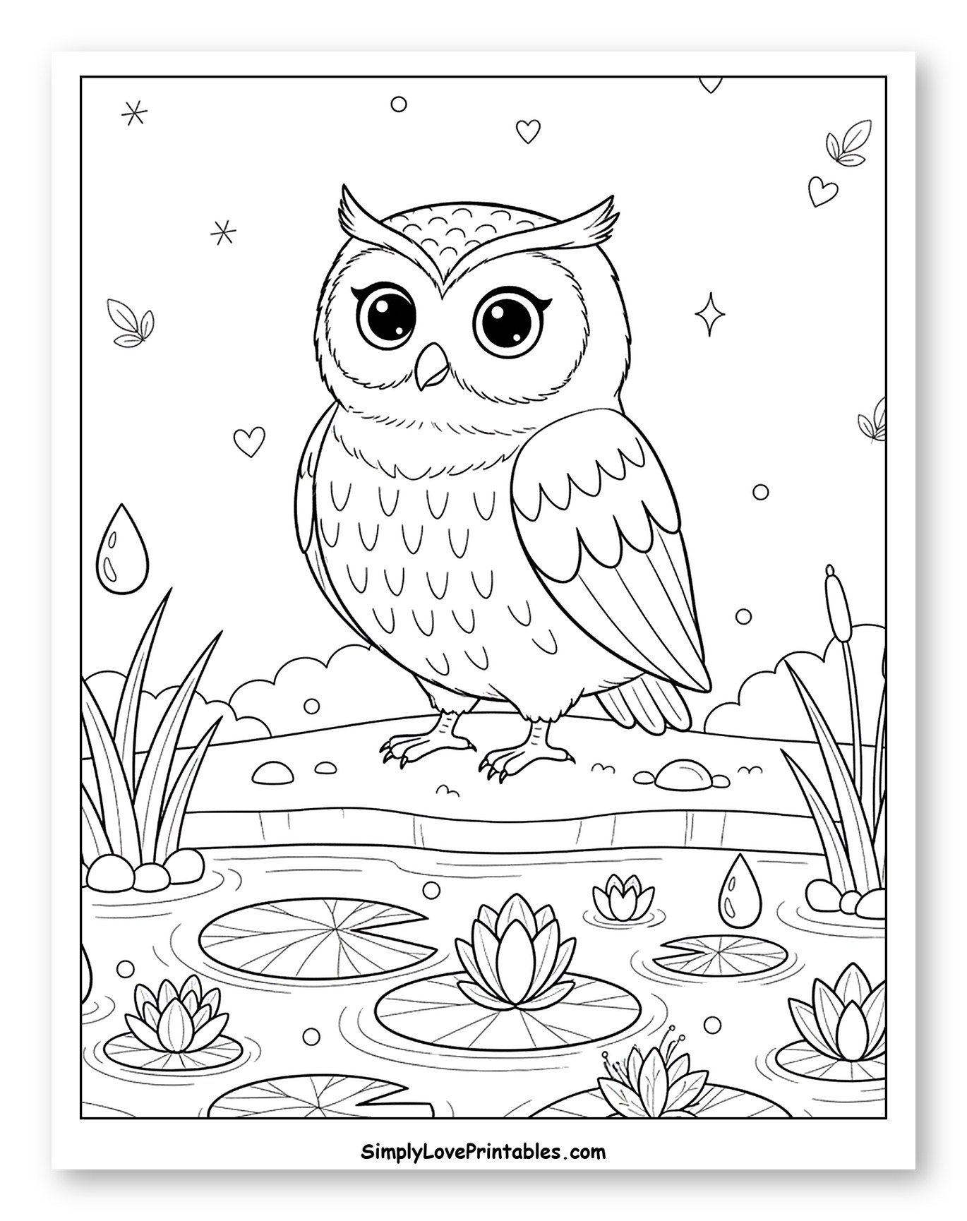 Sweet Owl Perched by a Water Lily Pond