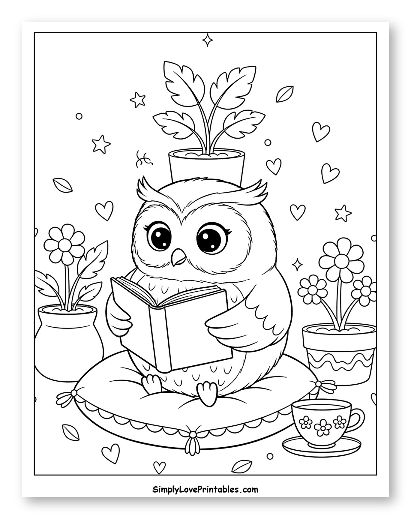 Sweet Owl Reading Book and Potted Plants Coloring Page for Adults