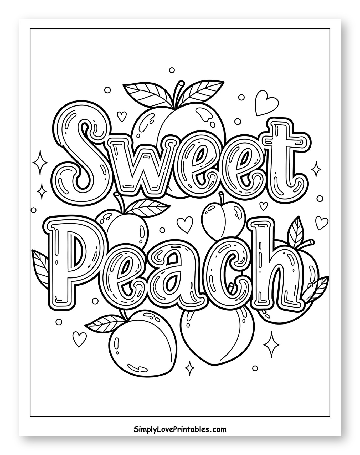 Sweet Peach Lettering with Fruit and Hearts Coloring Page for Adults