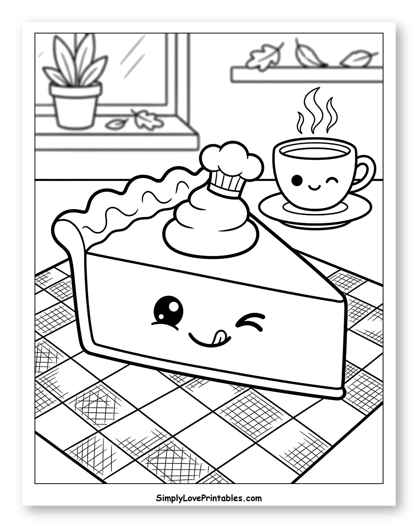 Sweet Pie Slice, Steaming Coffee, Fall Window to Color for Kids