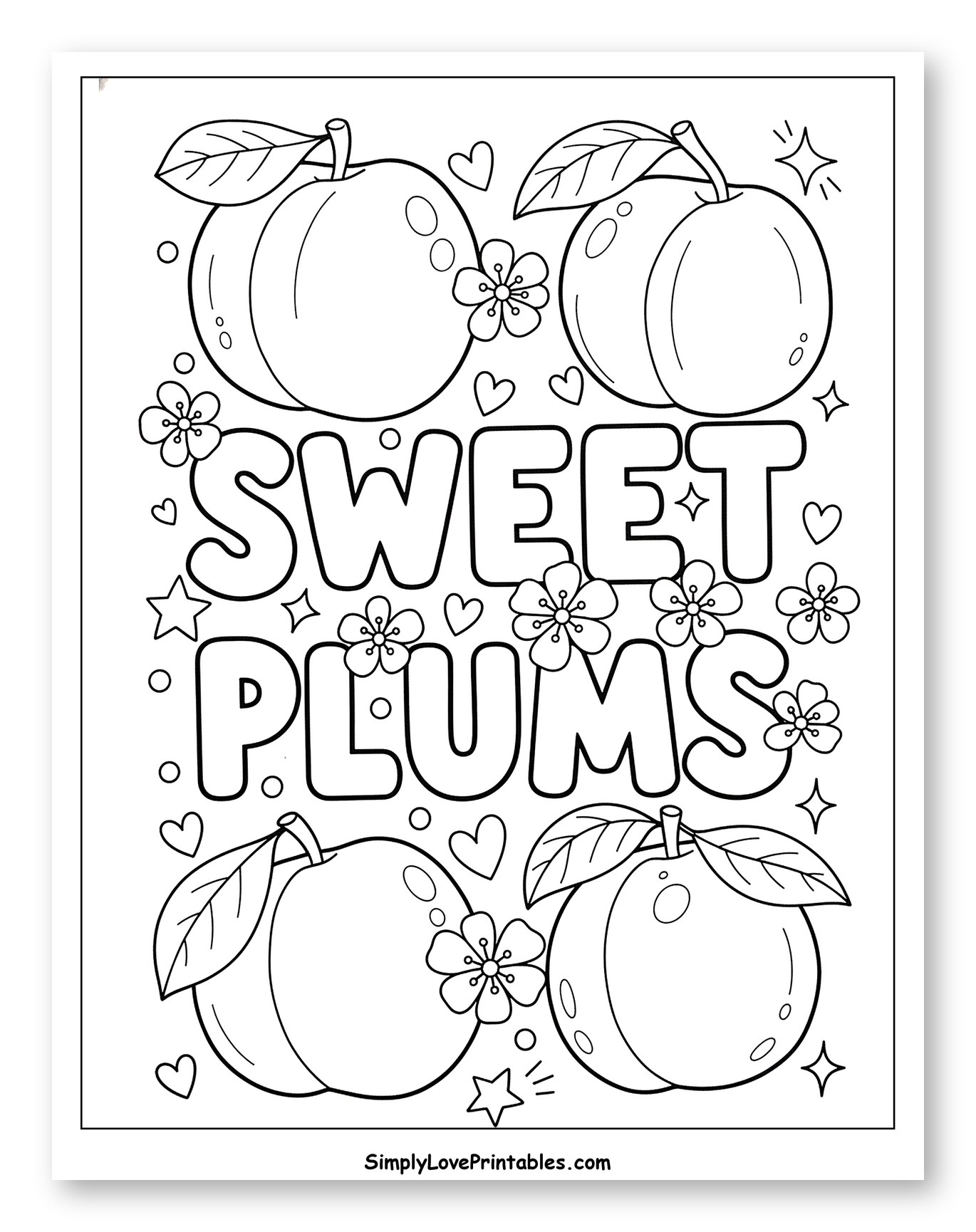 Sweet Plums with Flowers and Hearts Coloring Page for Adults