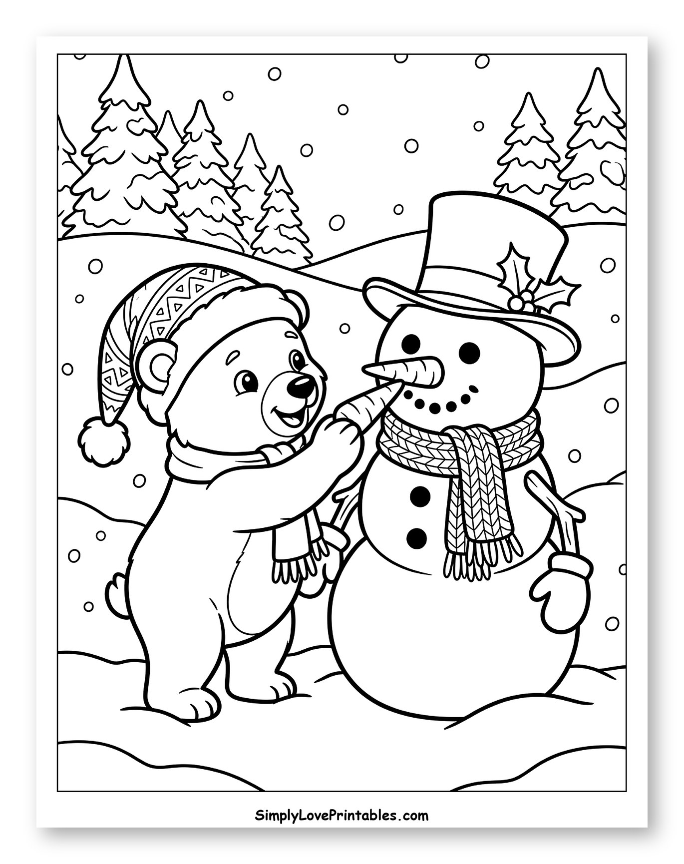Sweet Polar Bear Decorating a Friendly Snowman Coloring Sheet for Kids