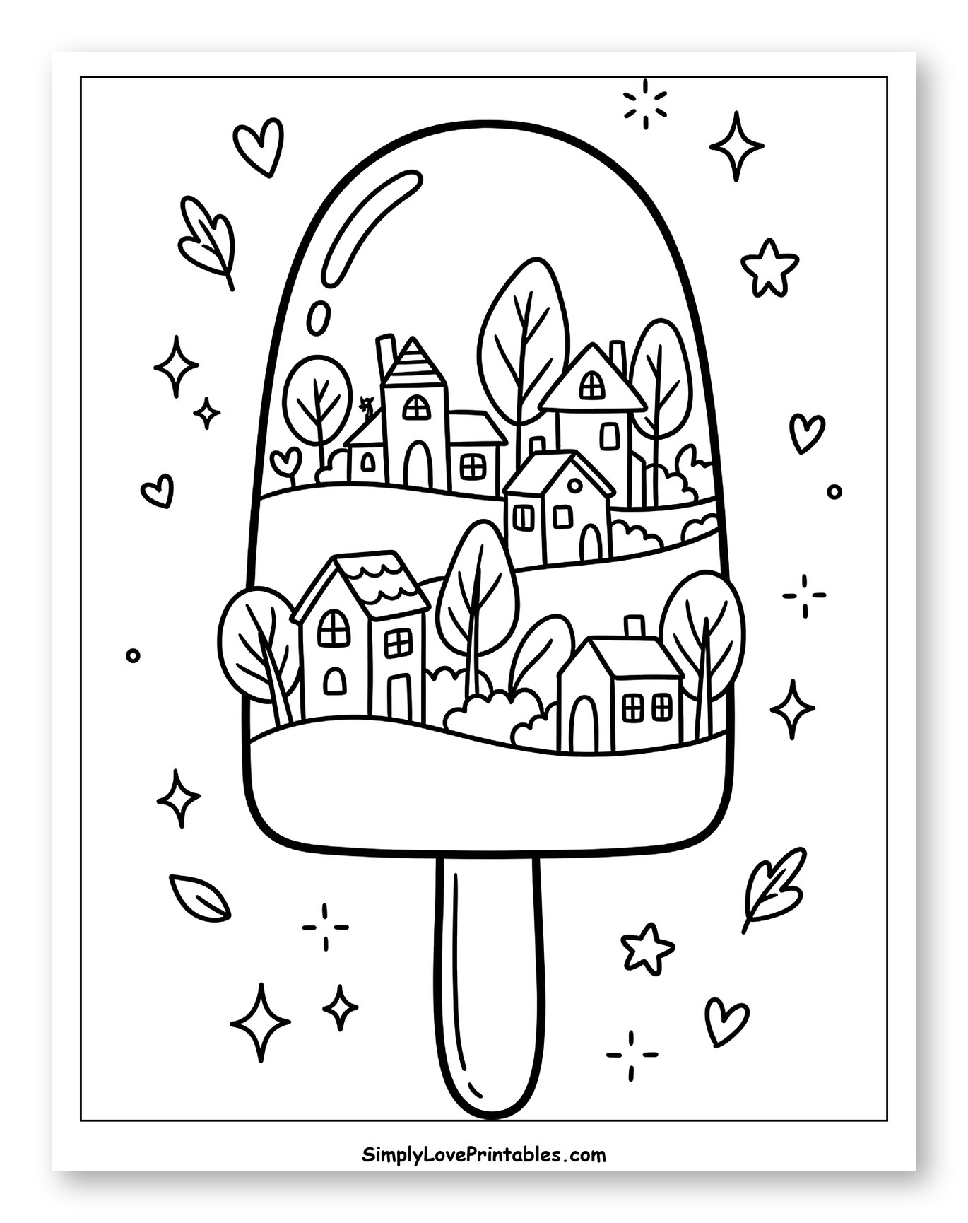 Sweet Popsicle with a Cozy Village Coloring Sheet for Adults