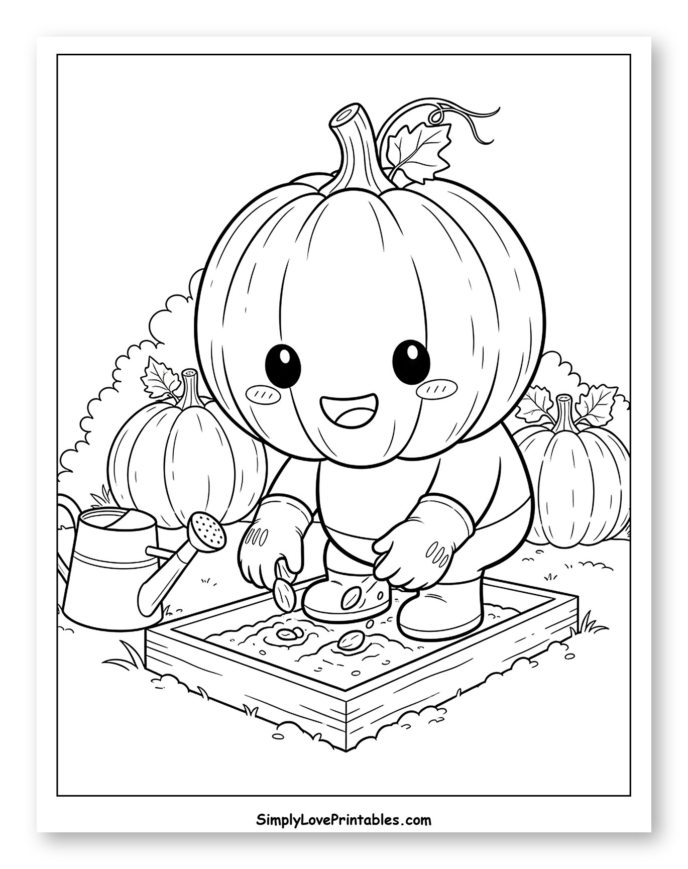 Sweet Pumpkin Planting Seeds in Garden Coloring Sheet for Kids