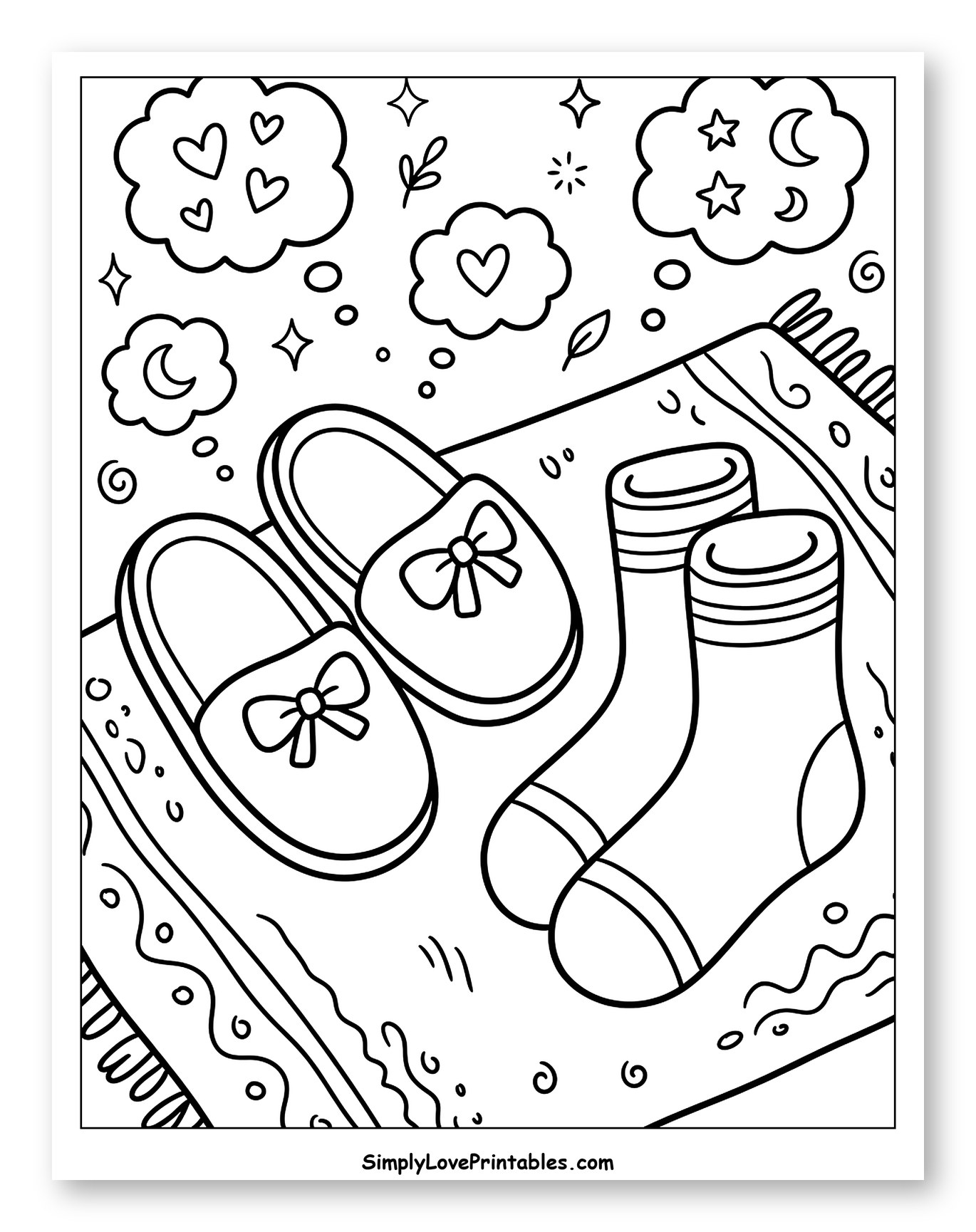 Sweet Slippers, Socks, and Cozy Dreams Coloring Page for Adults