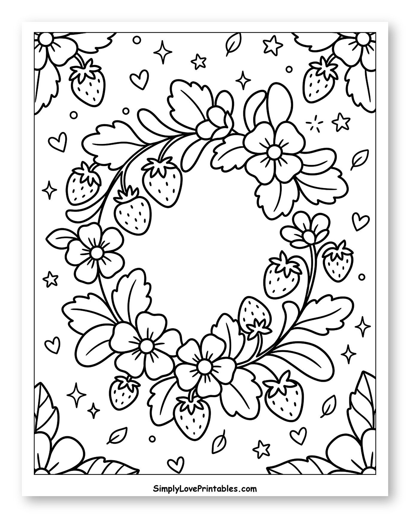 Sweet Strawberry and Floral Wreath Coloring Sheet for Adults