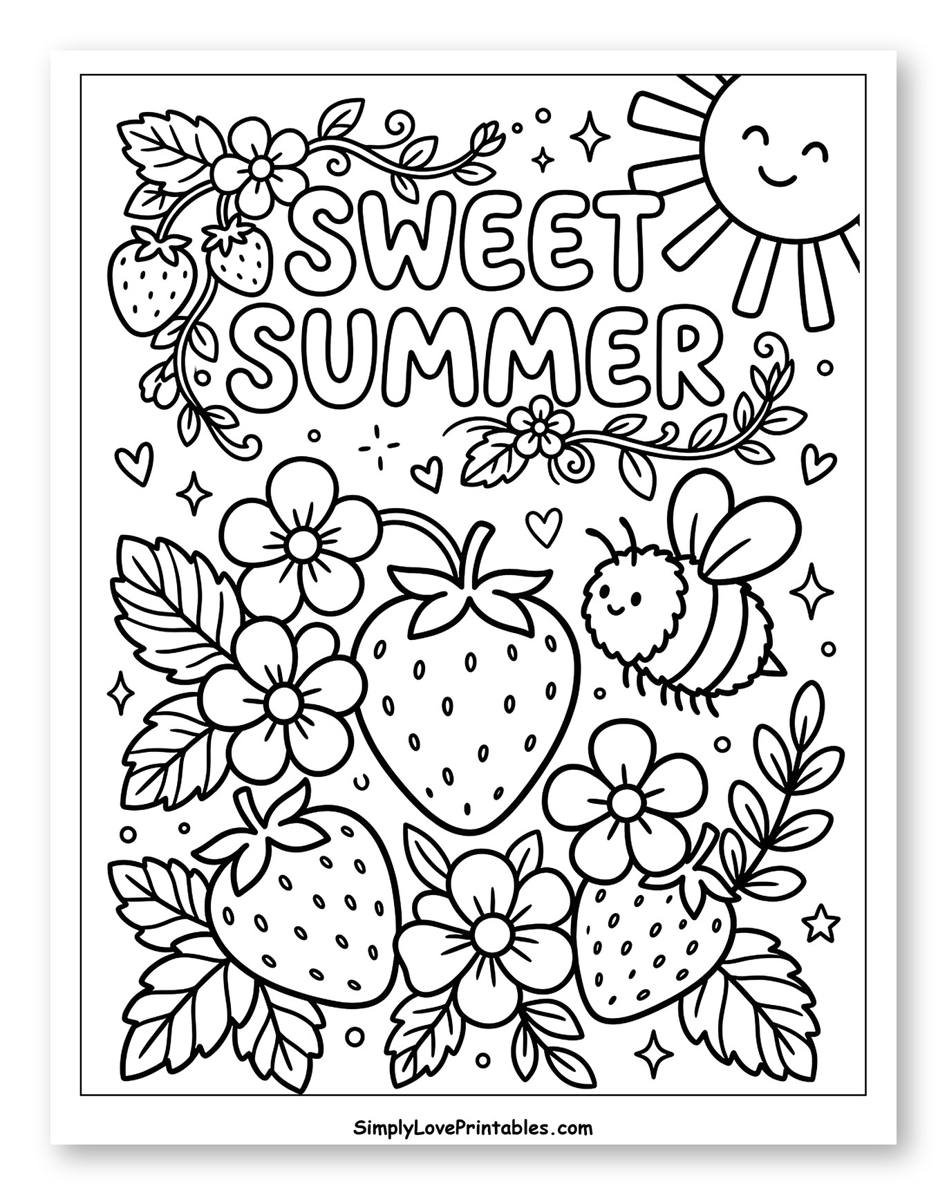 Sweet Summer Message with Strawberries and Bee Coloring Sheet for Adults