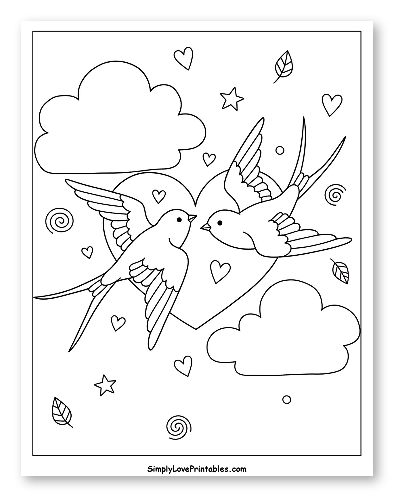 Sweet Swallows Flying with Hearts and Clouds Coloring Page for Adults