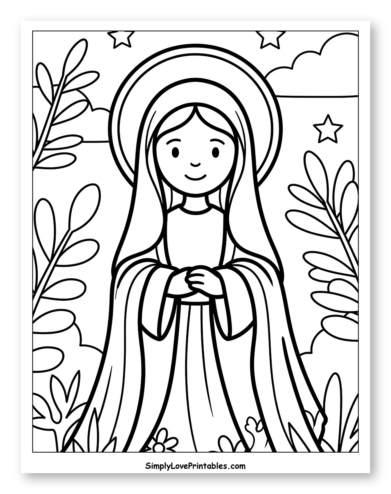 Sweet Virgin Mary with Stars and Flowers to Color for Toddlers