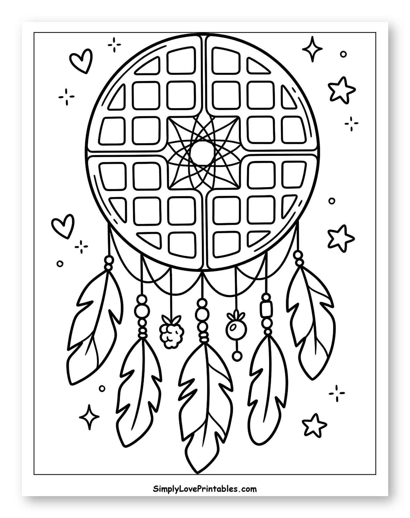 Sweet Waffle Dreamcatcher with Hearts and Stars Coloring Page for Adults
