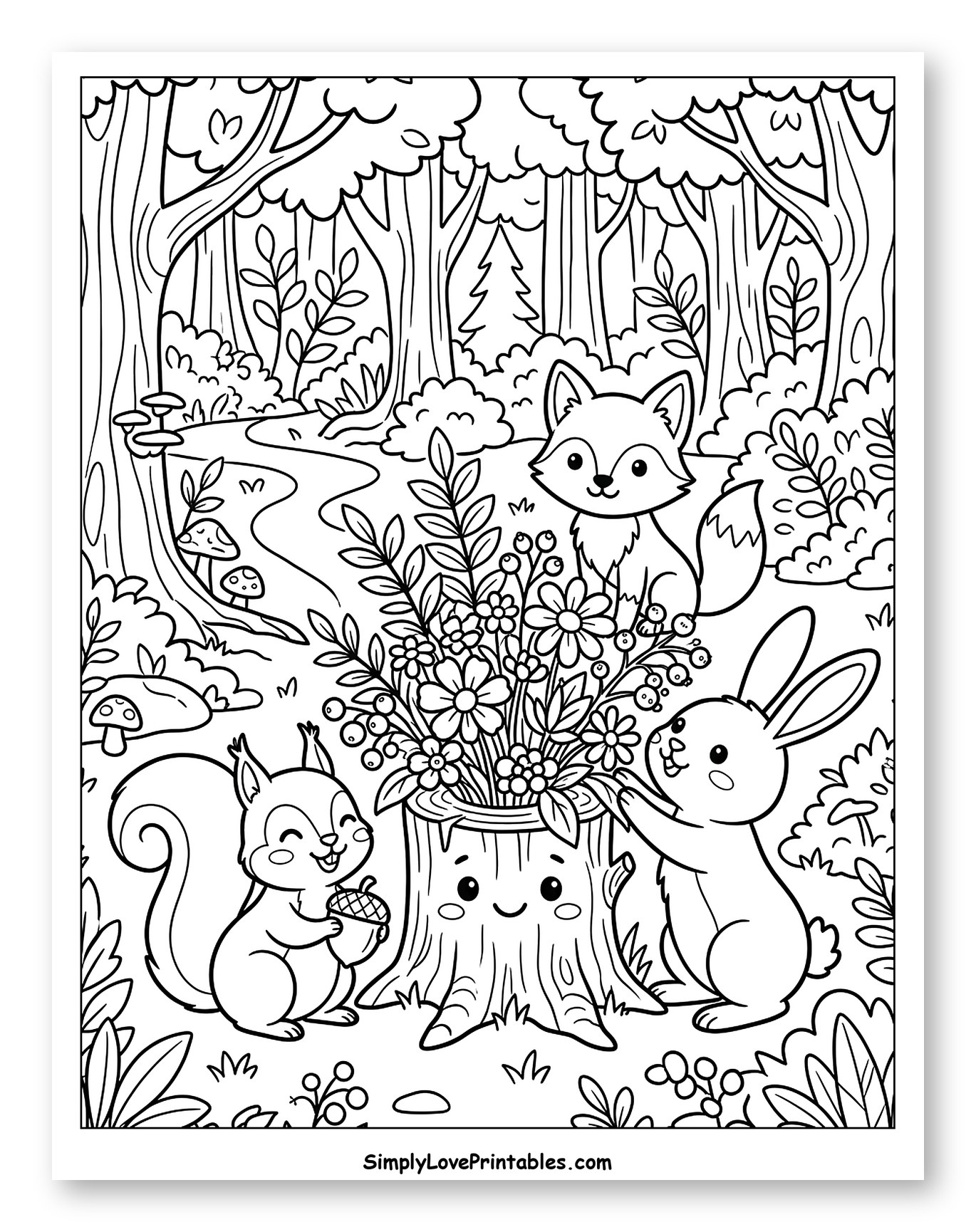 Sweet Woodland Creatures with Floral Tree Stump to Color for Kids