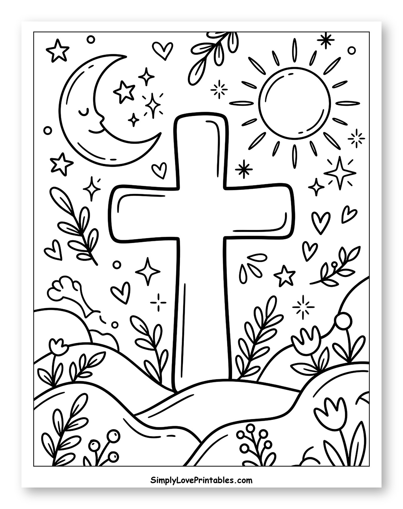 Symbolic Cross with Celestial and Floral Elements