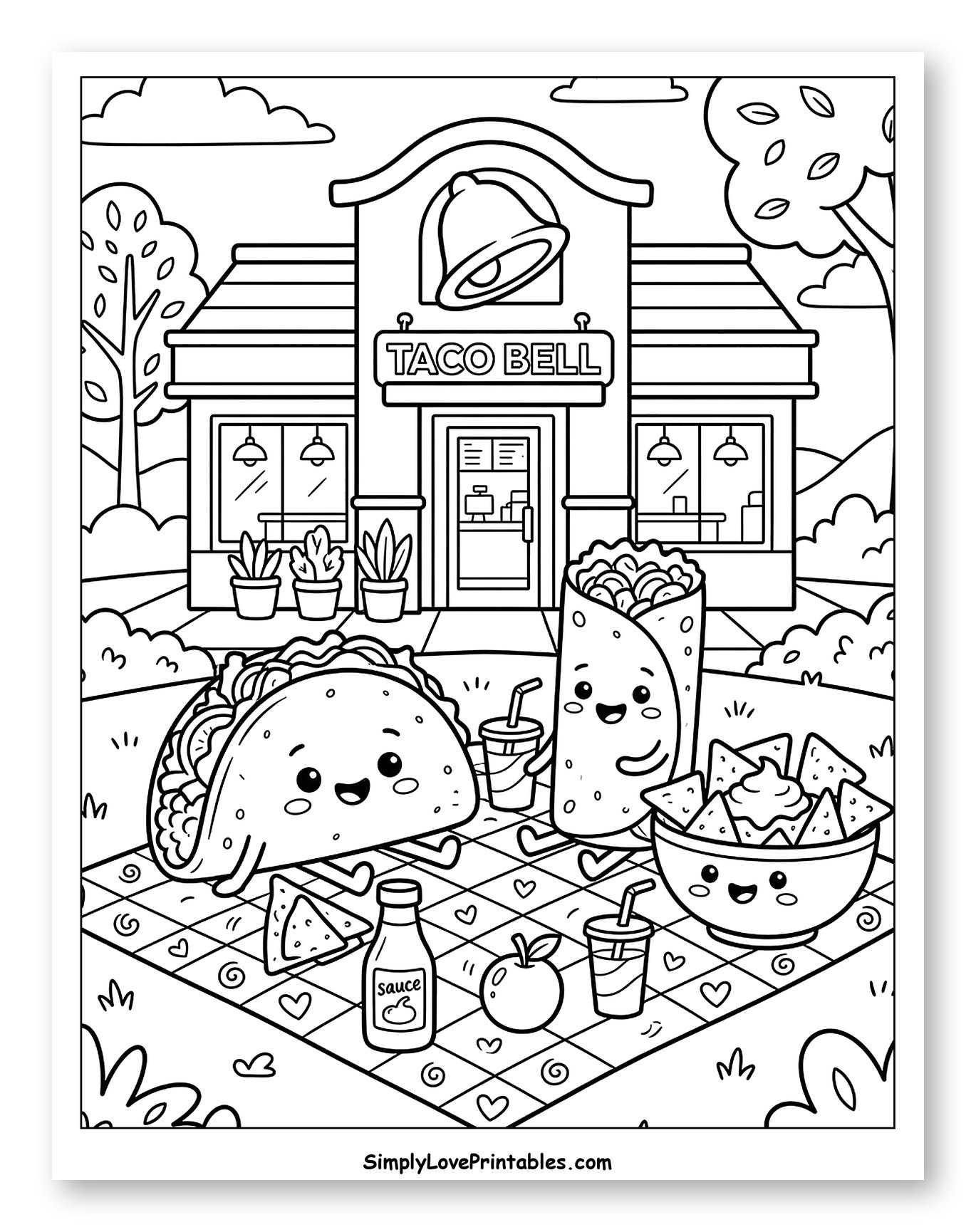Taco Bell Picnic with Happy Food Friends Coloring Sheet for Kids
