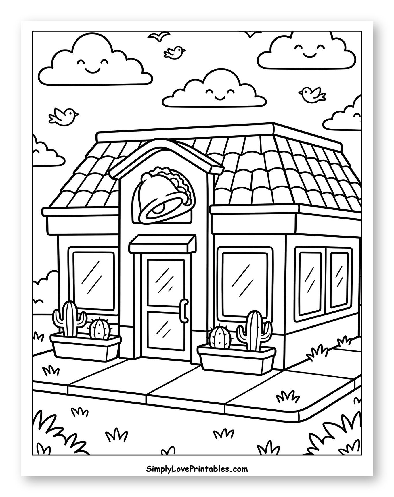 Taco Bell Restaurant with Smiling Clouds Coloring Sheet for Kids