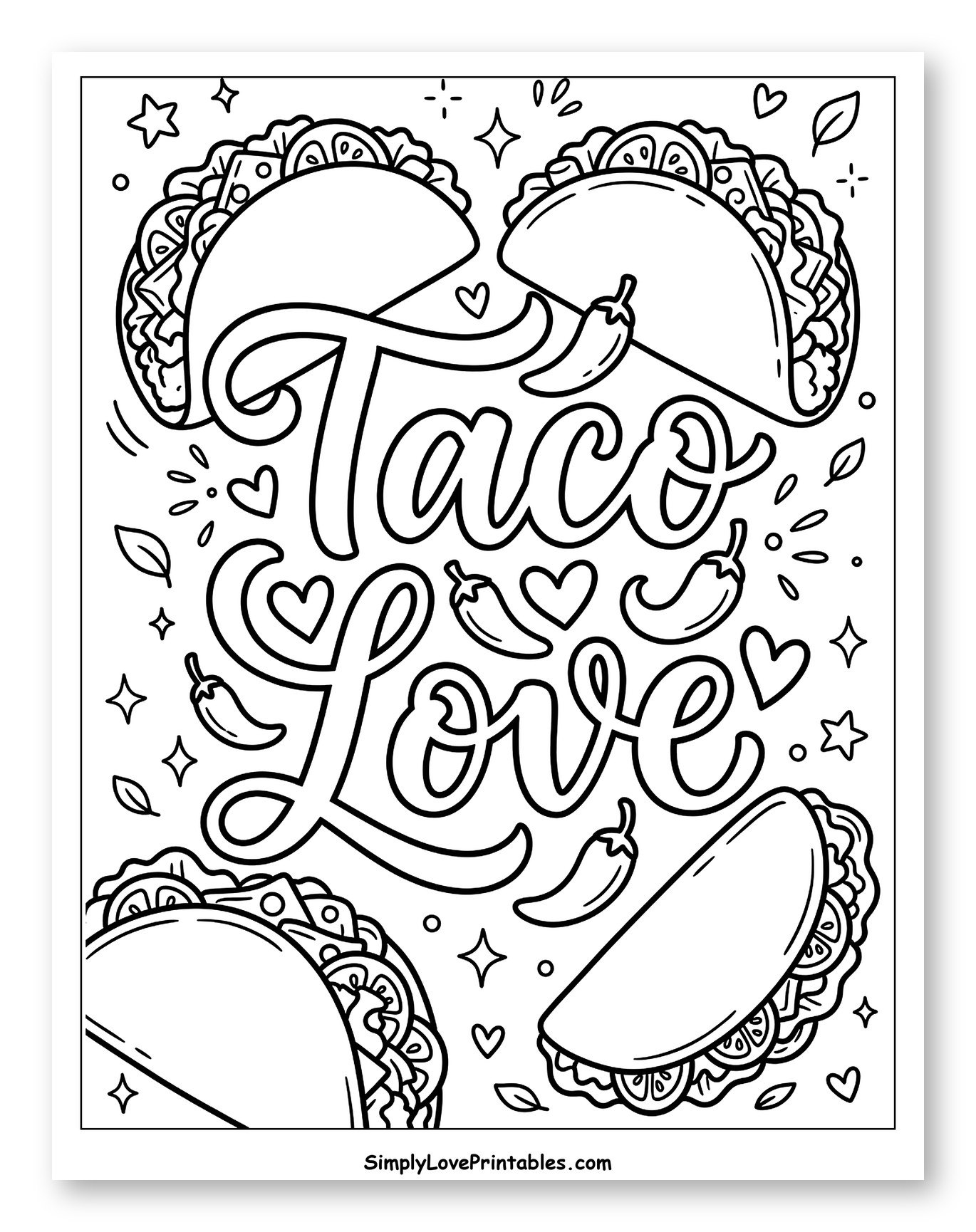 Taco Love with Chili Peppers and Hearts Coloring Page for Adults