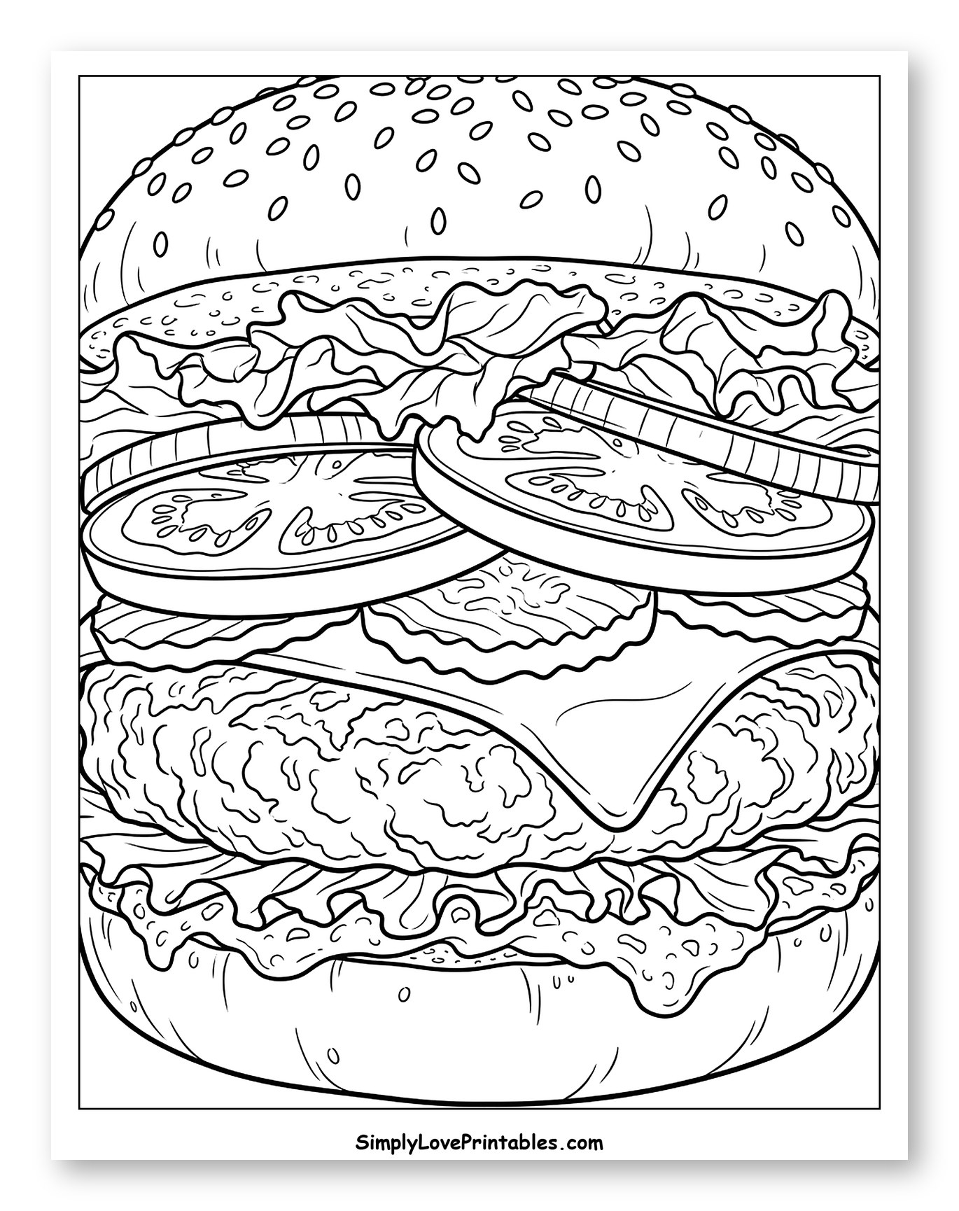 Tall Fried Chicken Burger with Fresh Toppings Coloring Sheet
