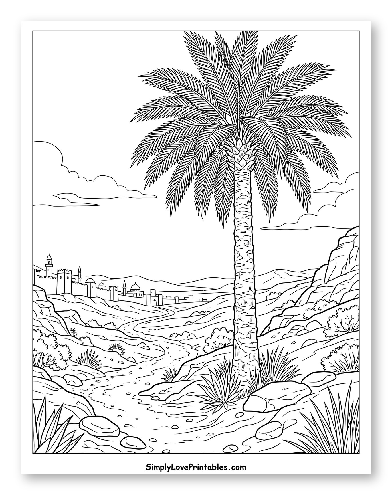 Tall Palm Tree Overlooking Ancient Walled City Coloring Page